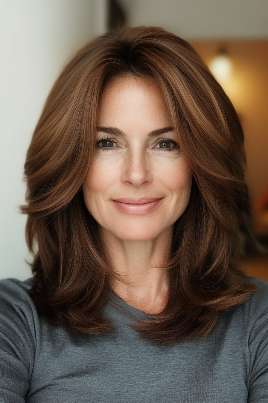 23. Layered Cut with Subtle Cinnamon Tones (Medium Length Hairstyles With Layers For Women Over 50) - Medium Length Hairstyles With Layers For Women Over 50