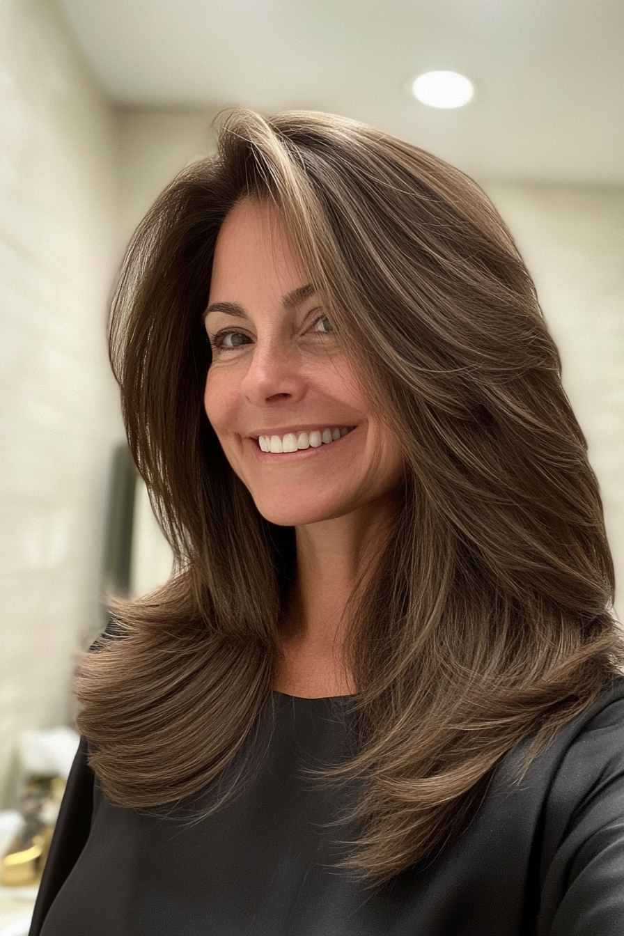 24. Medium Layers with Warm Brunette Glow (Medium Length Hairstyles With Layers For Women Over 50) - Medium Length Hairstyles With Layers For Women Over 50