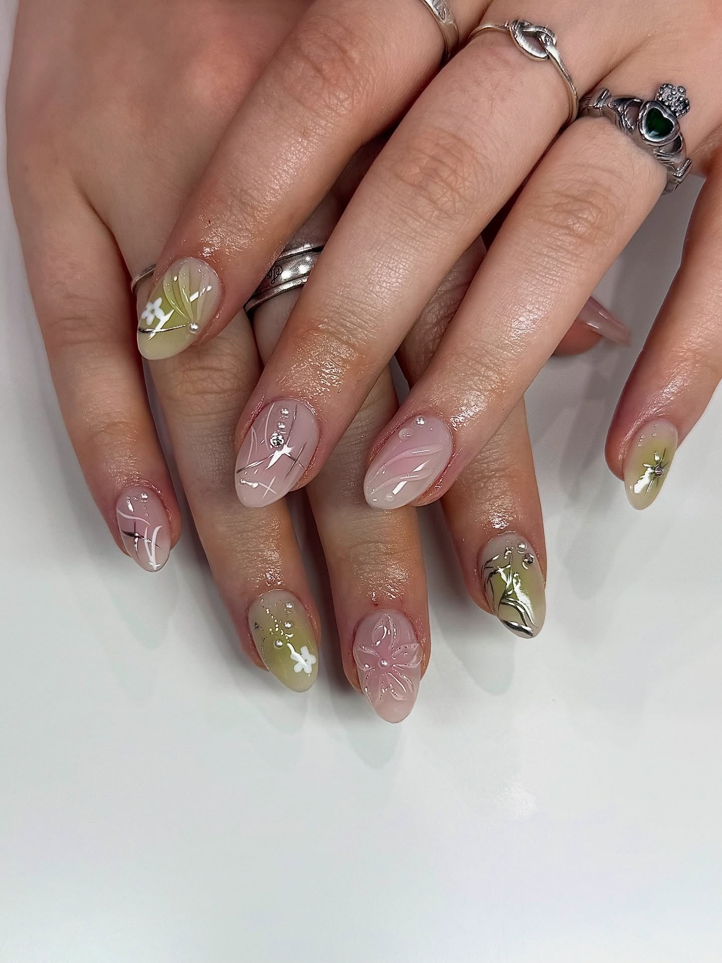 10. Olive Blossom with Gloss Detail (Short Nail Ideas)