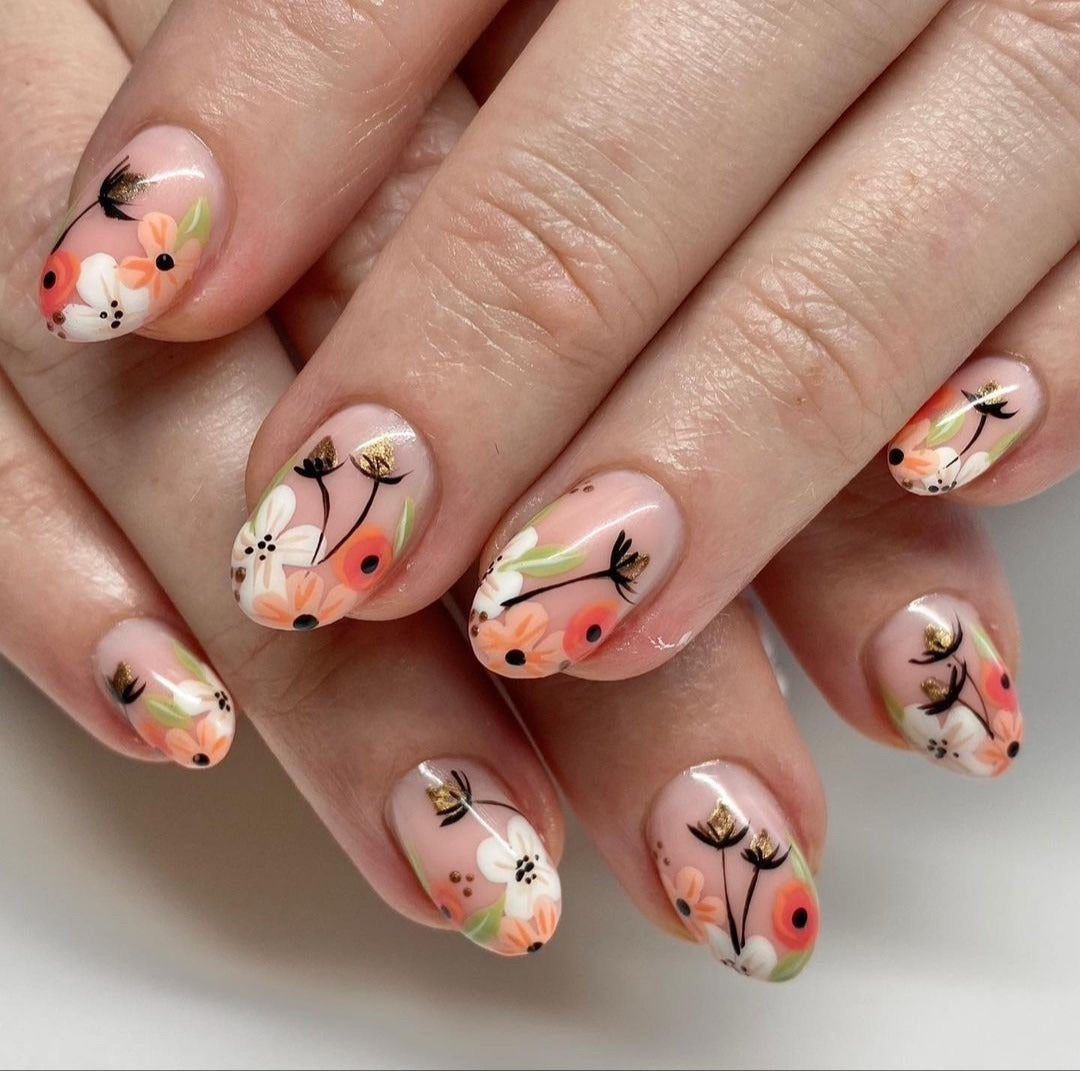 13. Watercolor Meadow on Nude (Short Nail Ideas)