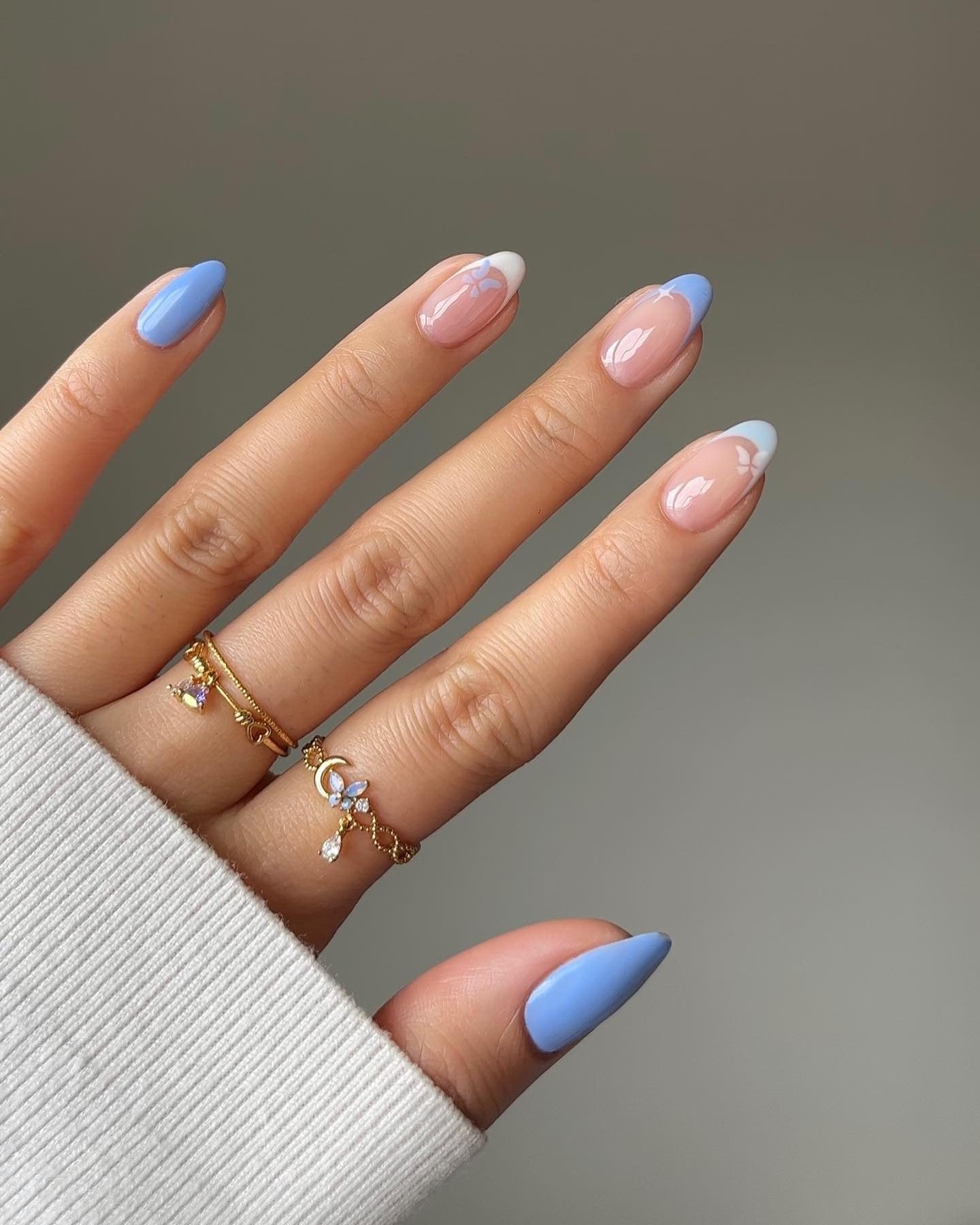 4. Minimal French Bloom with Solid Blue (Blue Spring Nail Ideas)