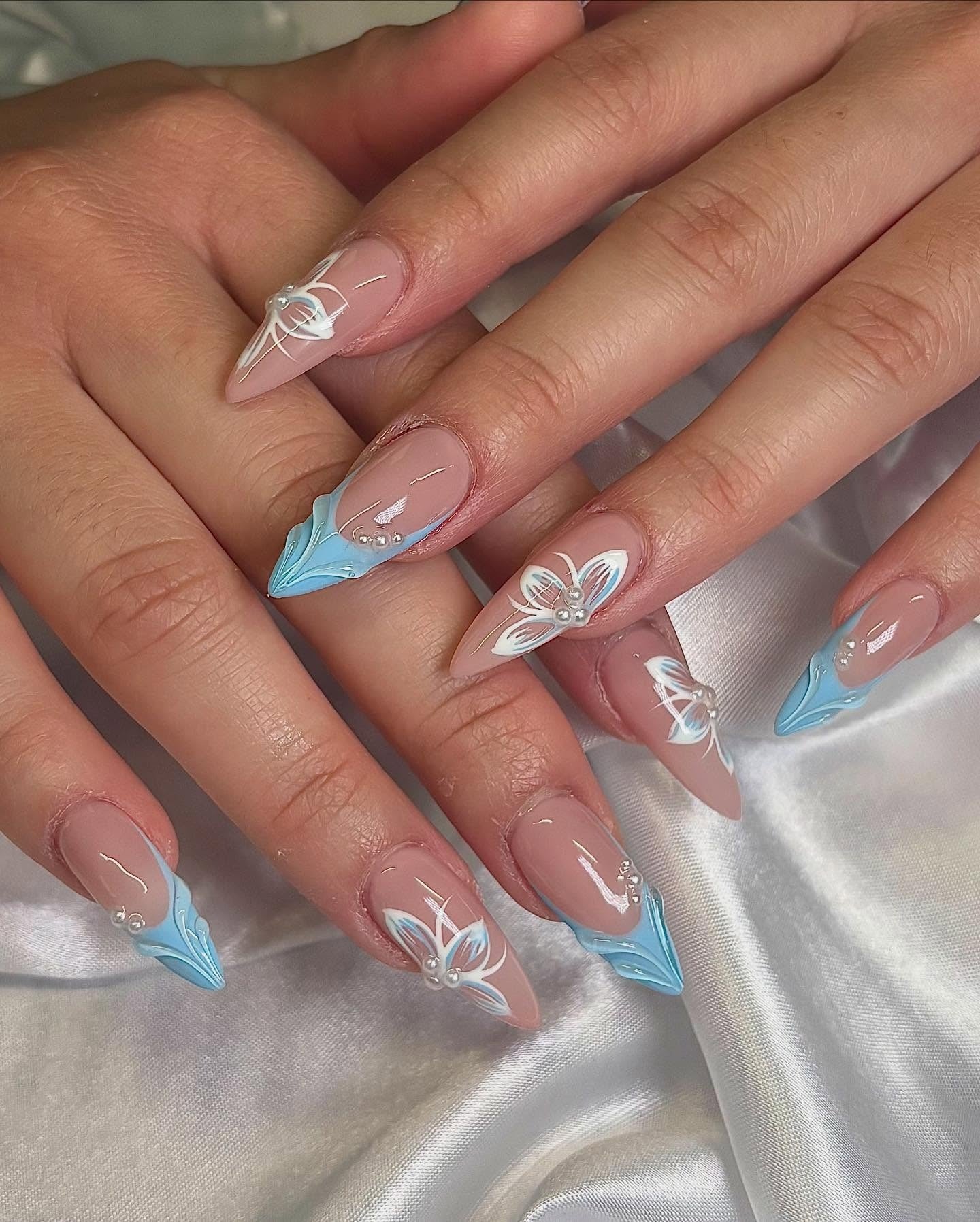8. 3D Baby Blue Butterfly Accents (Blue Spring Nail Ideas)