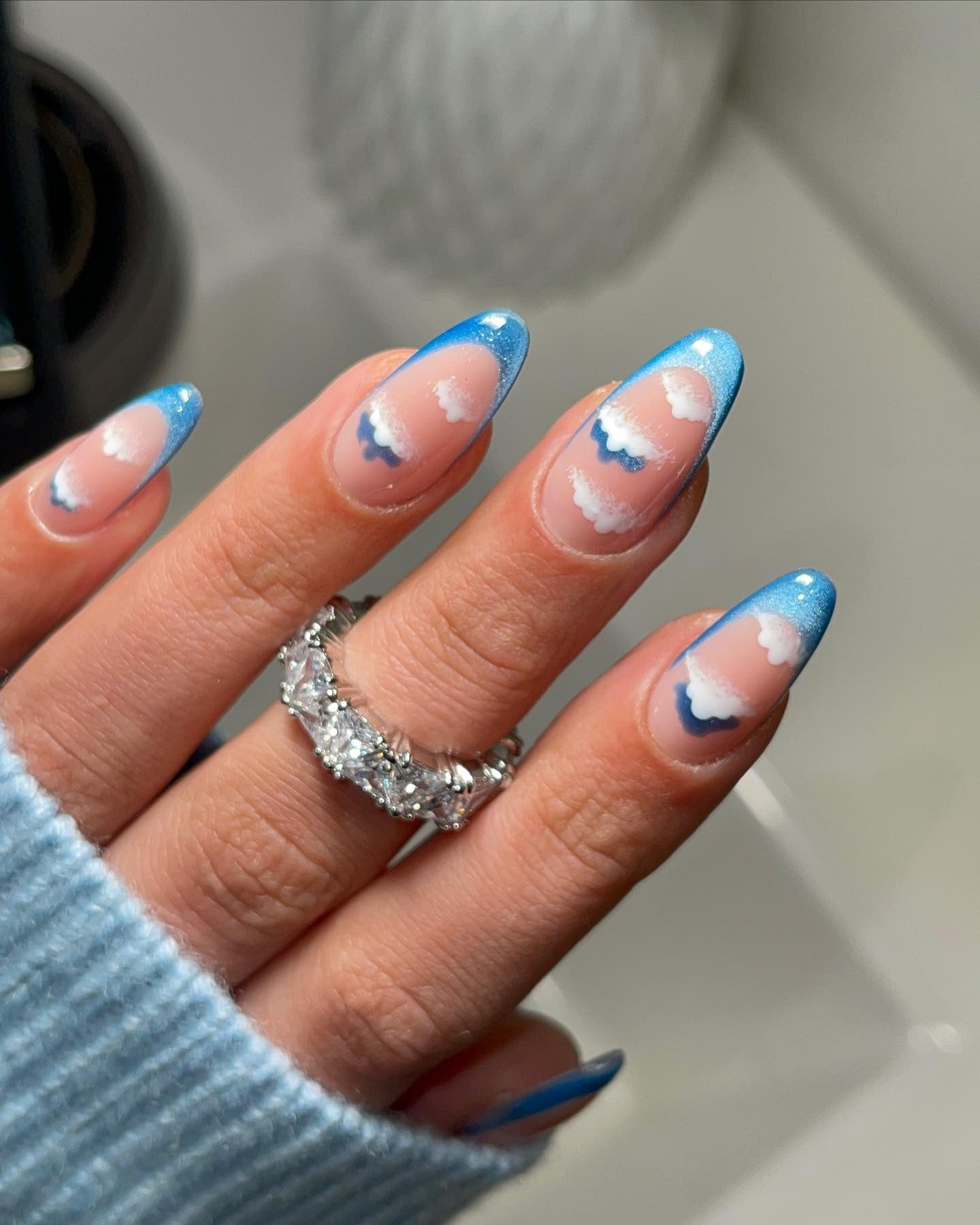 10. Blue Skies and Cloud Tips (Blue Spring Nail Ideas)