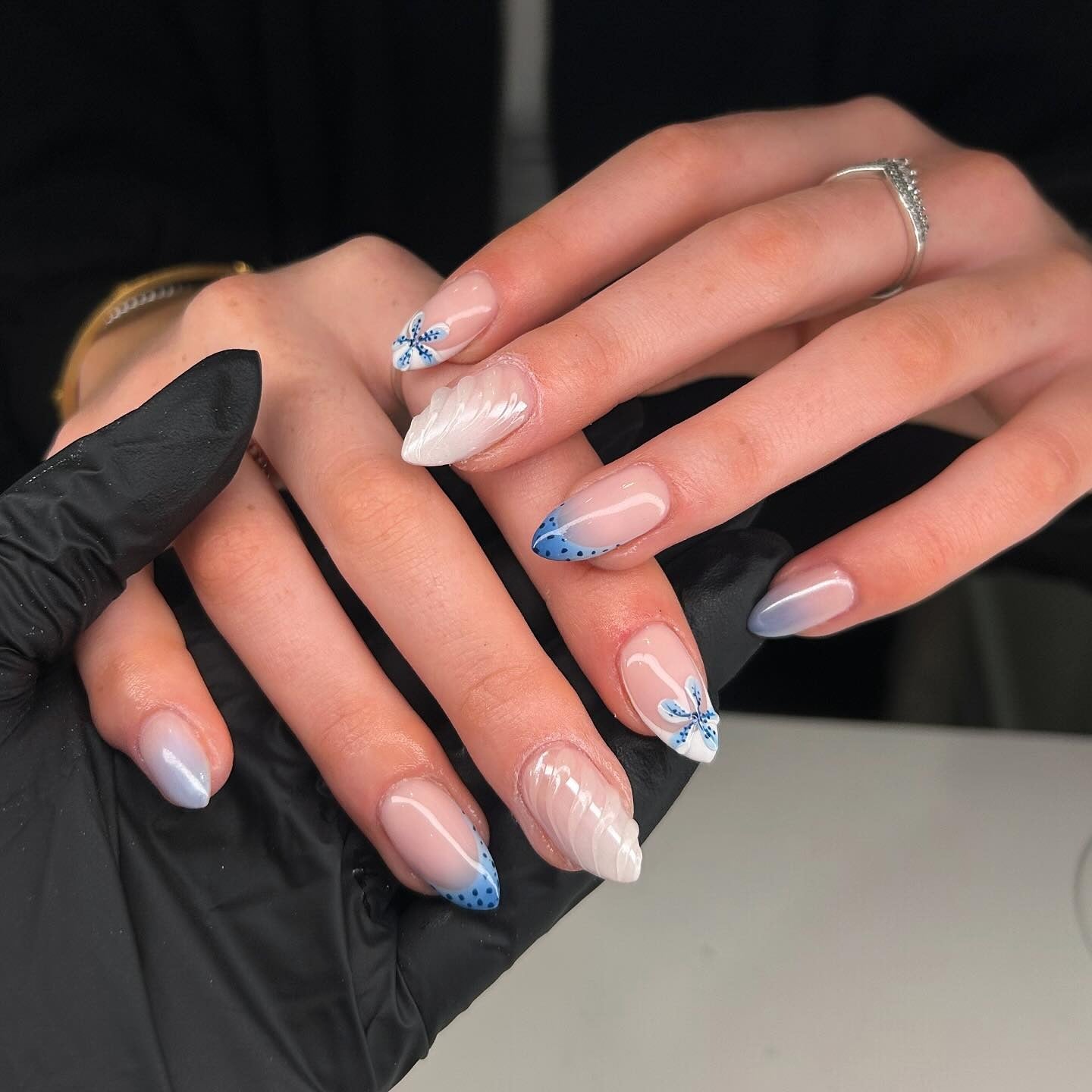 11. Delicate Dot French and Sculpted Petals (Blue Spring Nail Ideas)