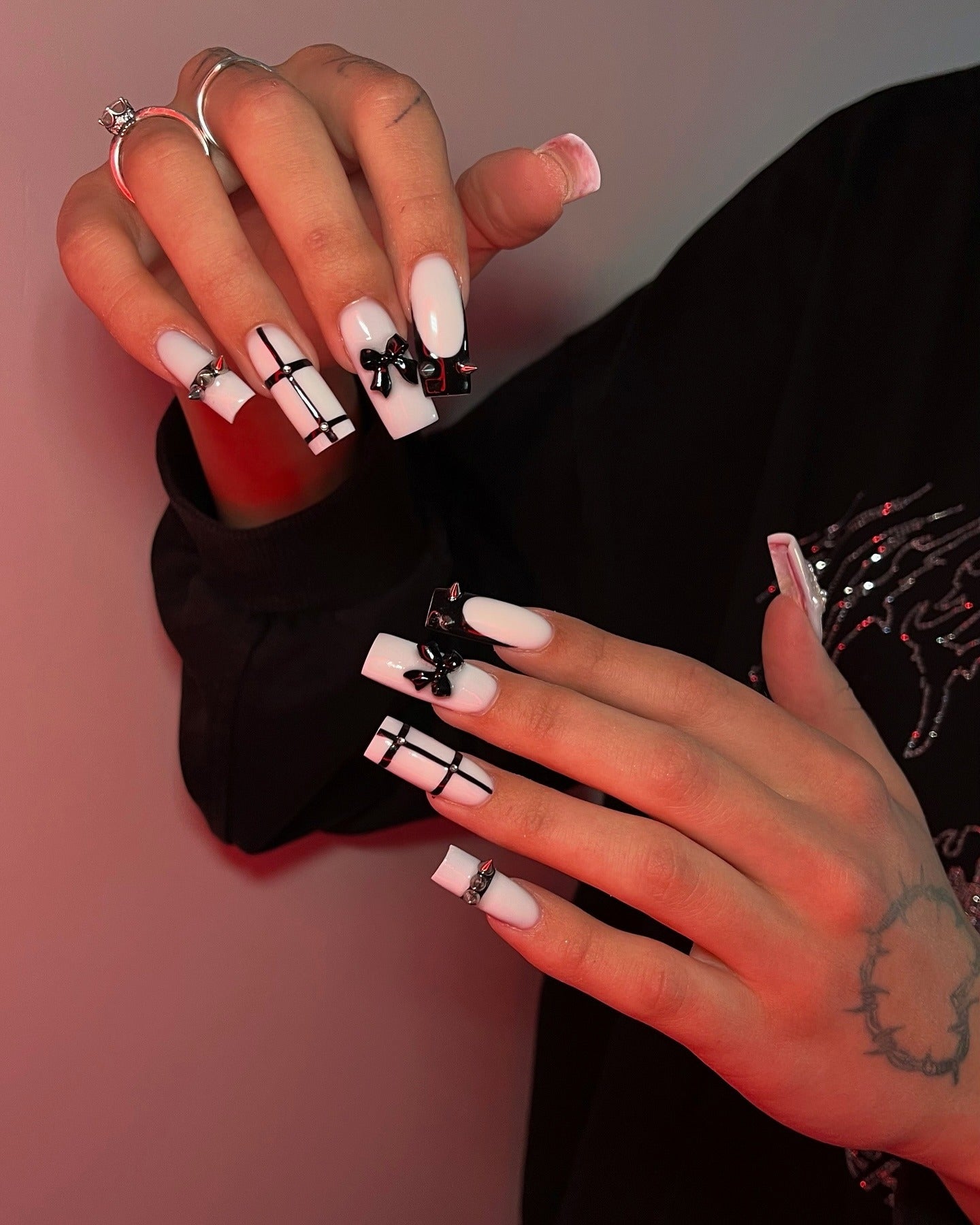 5. 3D Ribbon Glamour in Monochrome (Black and White Nail Ideas)