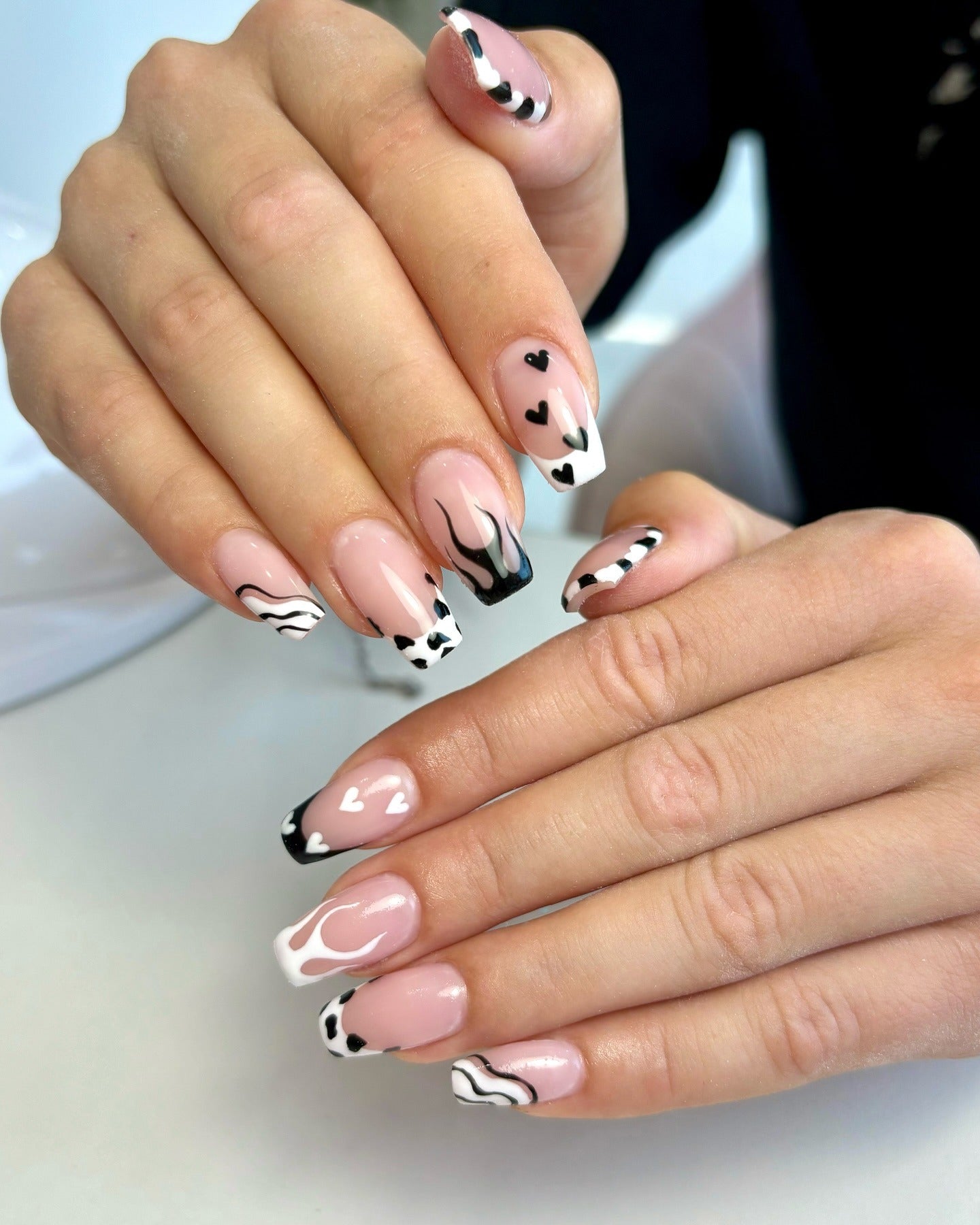 15. Graphic Mix French on Coffin Nails (Black and White Nail Ideas)
