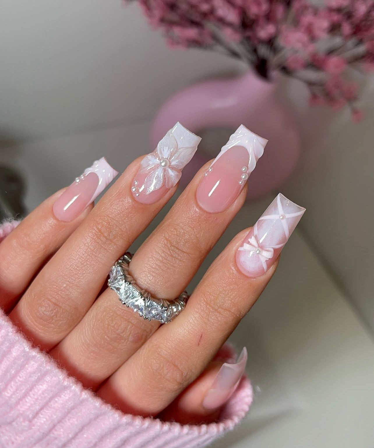 4. 3D Satin Bows with Pearls (Nail Ideas for Wedding)