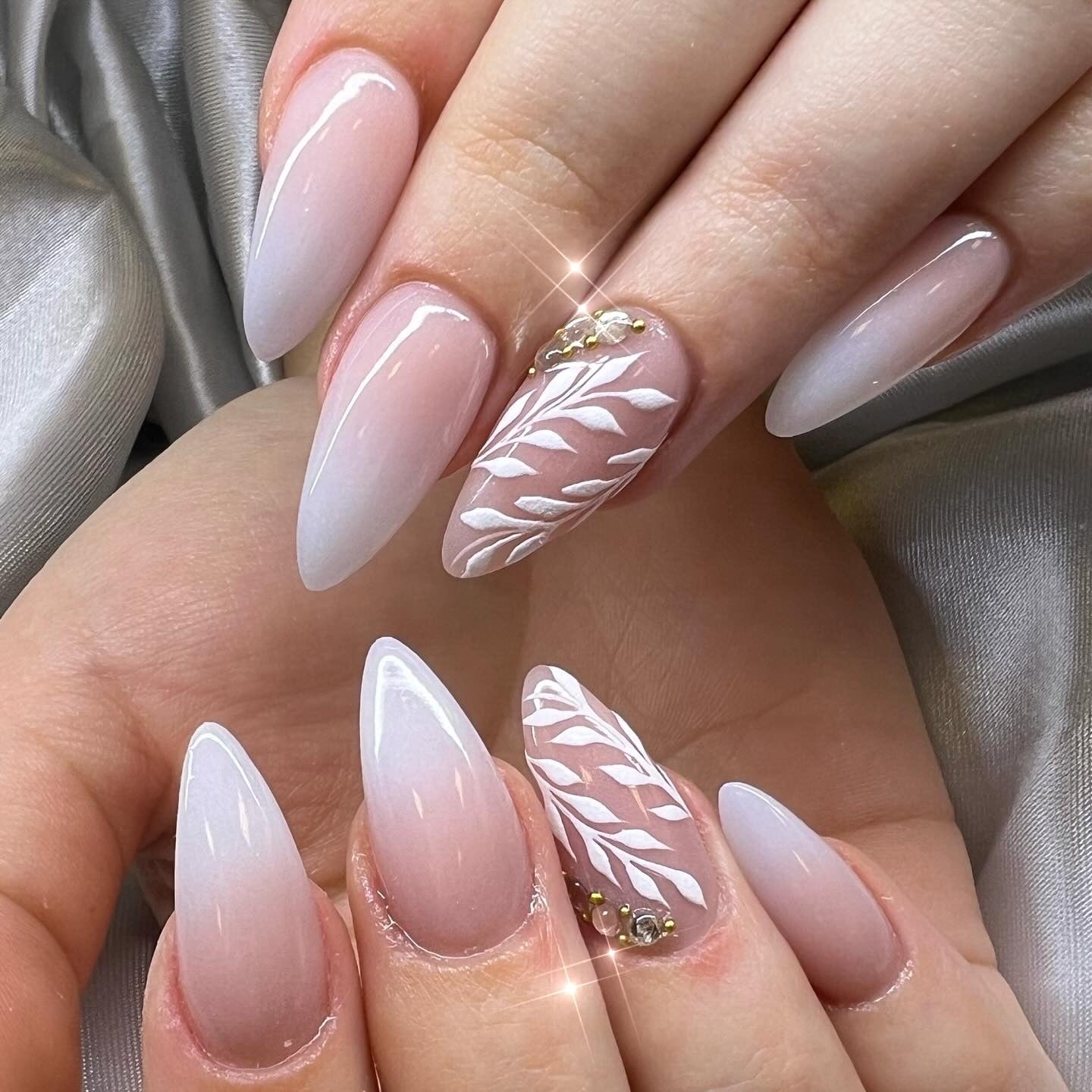 7. Frosted Pink Gradient with Leafy Art (Nail Ideas for Wedding)