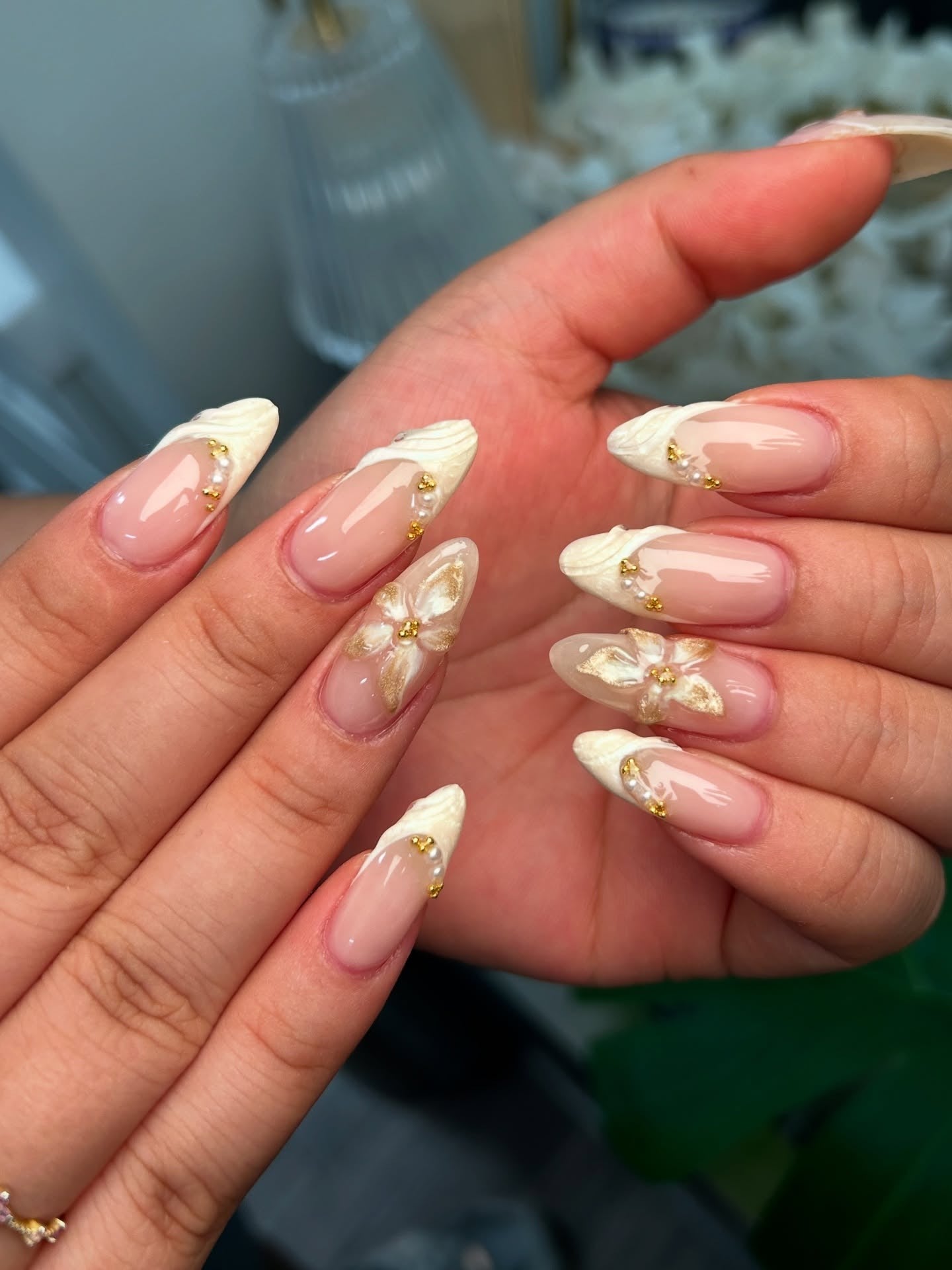 8. Ivory Petal Sculpted Florals (Nail Ideas for Wedding)