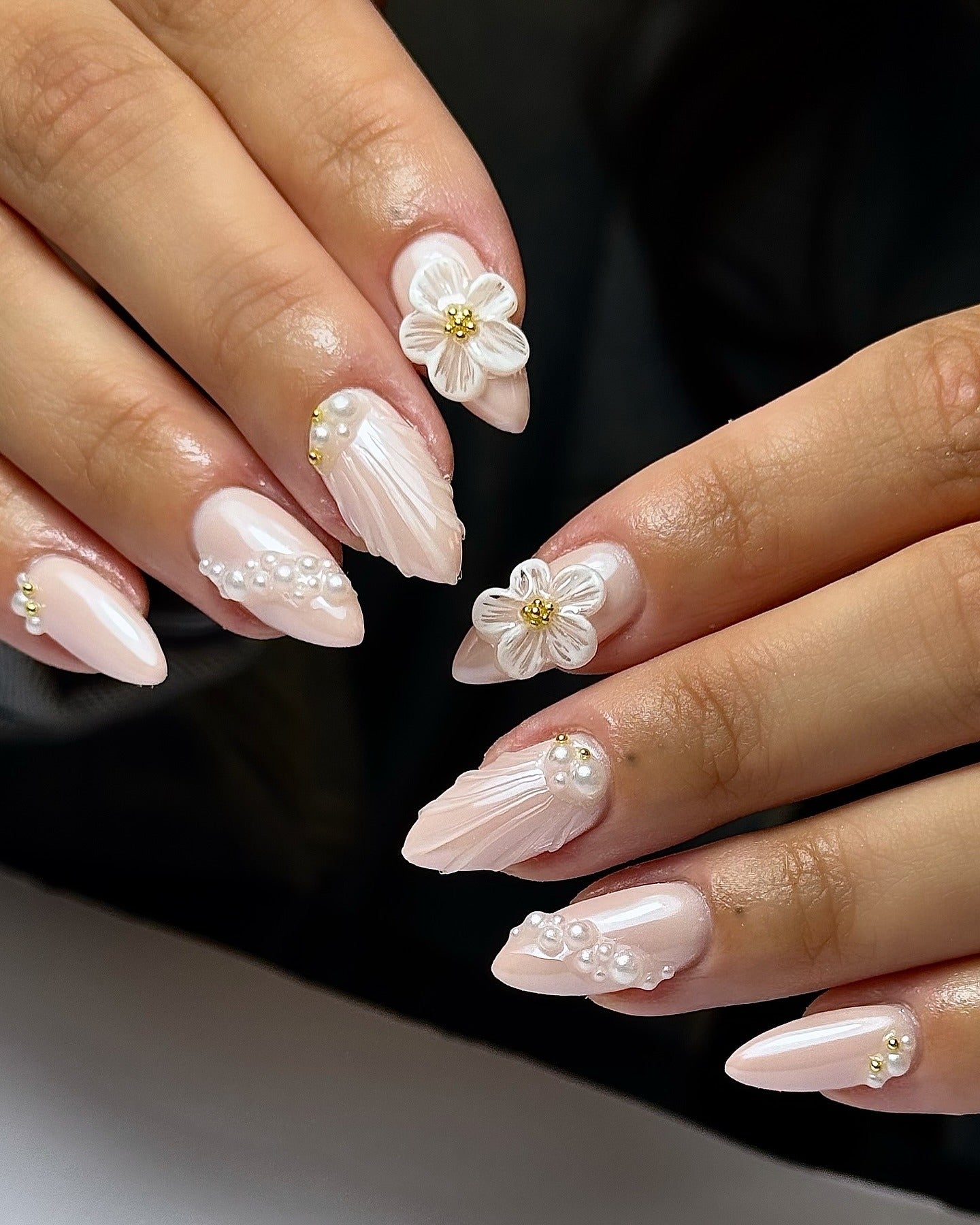 11. Pearl Blossom Embossed Almond Nails (Nail Ideas for Wedding)