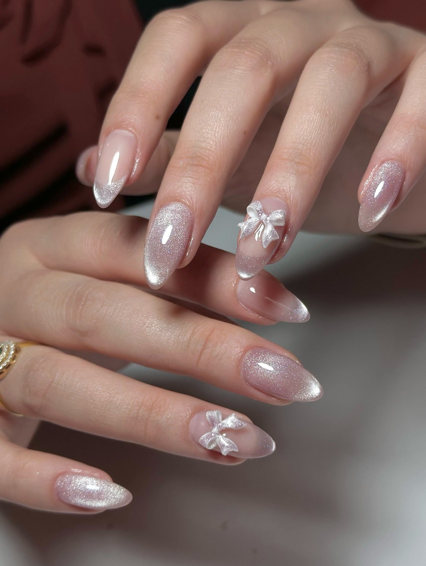 15. Silver Dust Gradient with 3D Satin Bows (Nail Ideas for Wedding)
