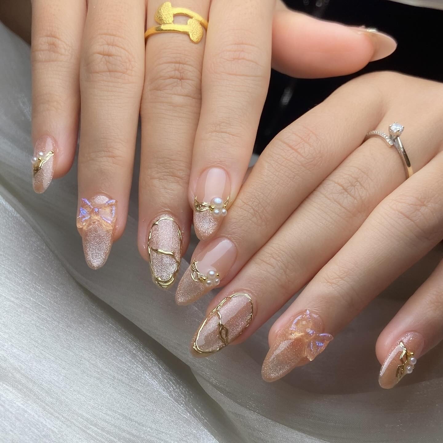 17. Champagne Velvet with Gold Frames and Pearls (Nail Ideas for Wedding)