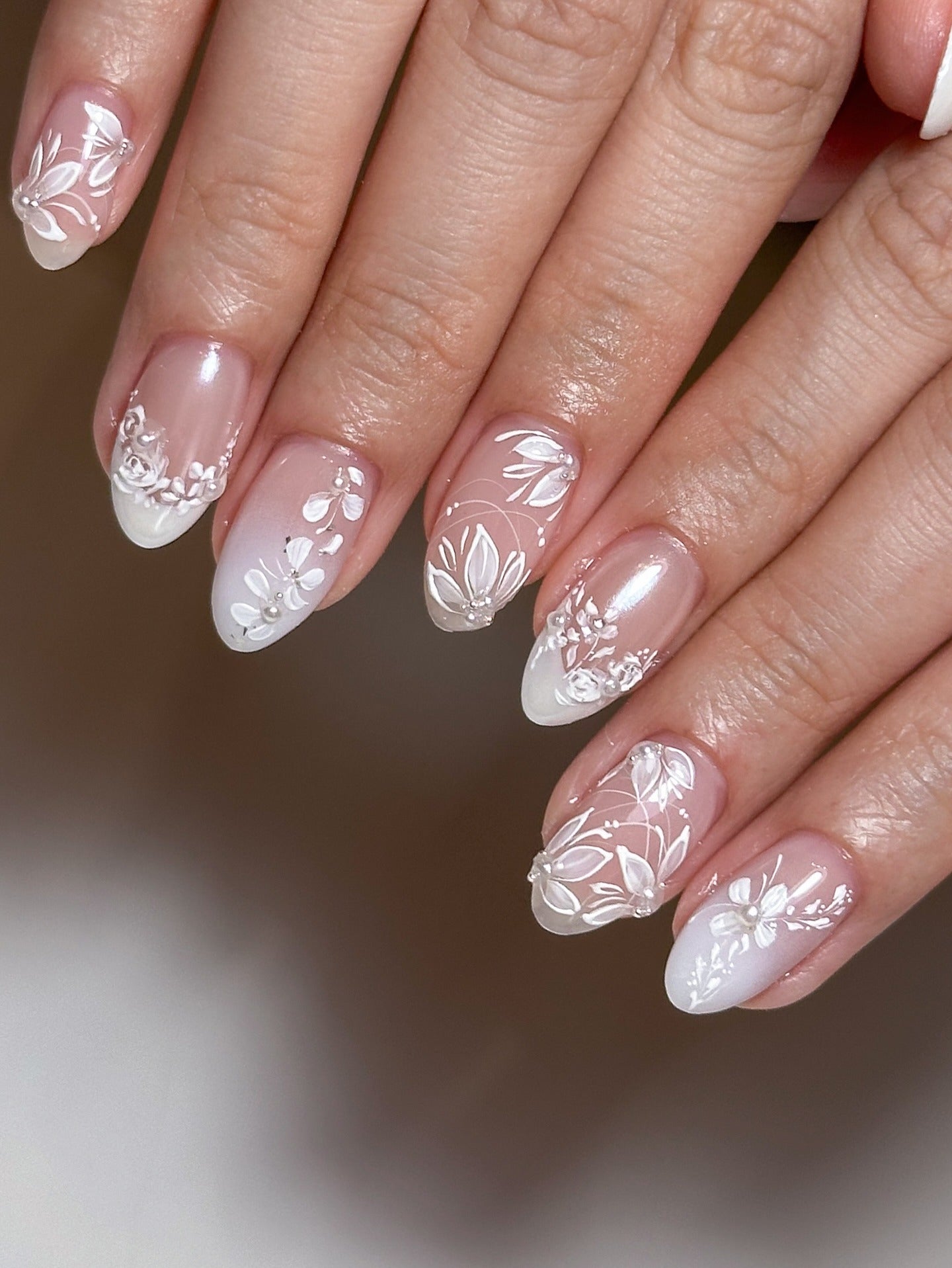 18. White Engraved Floral Tips (Nail Ideas for Wedding)