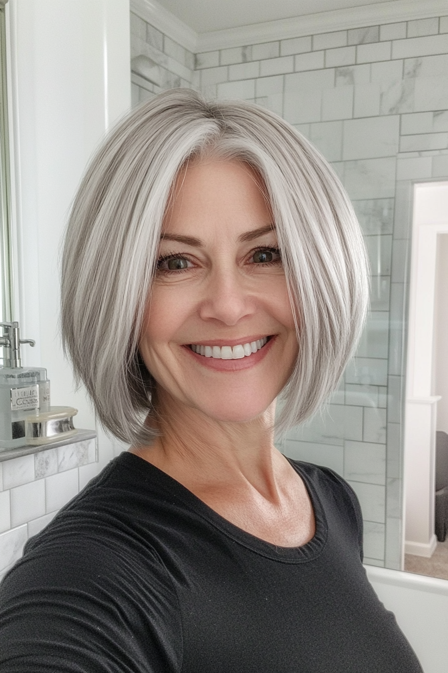 13. Icy Silver Layered Bob (Fun Short Haircuts For Women Over 50) - Fun Short Haircuts For Women Over 50
