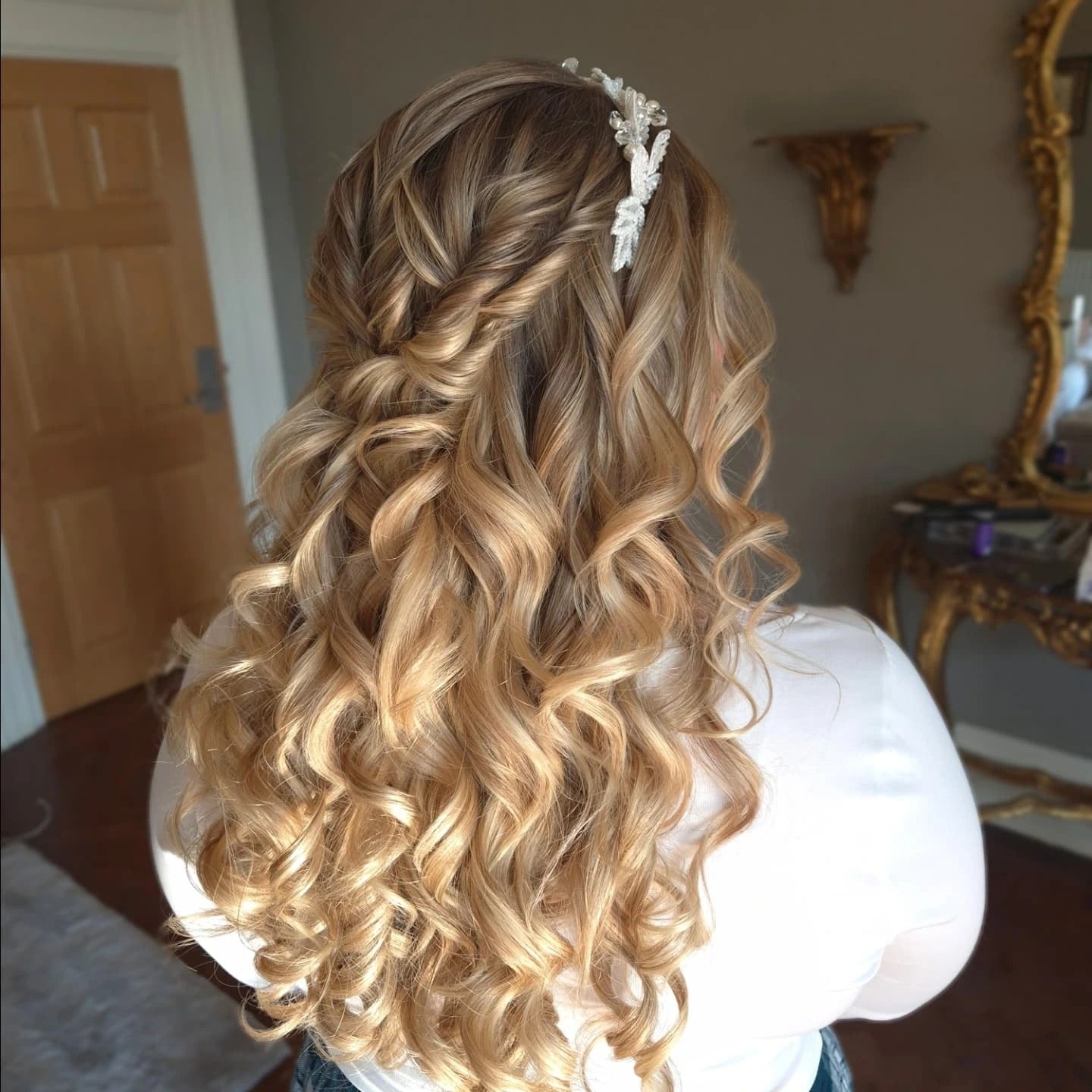 10. Romantic Curls with Braided Detail and Tiara (Wedding Hairstyles)