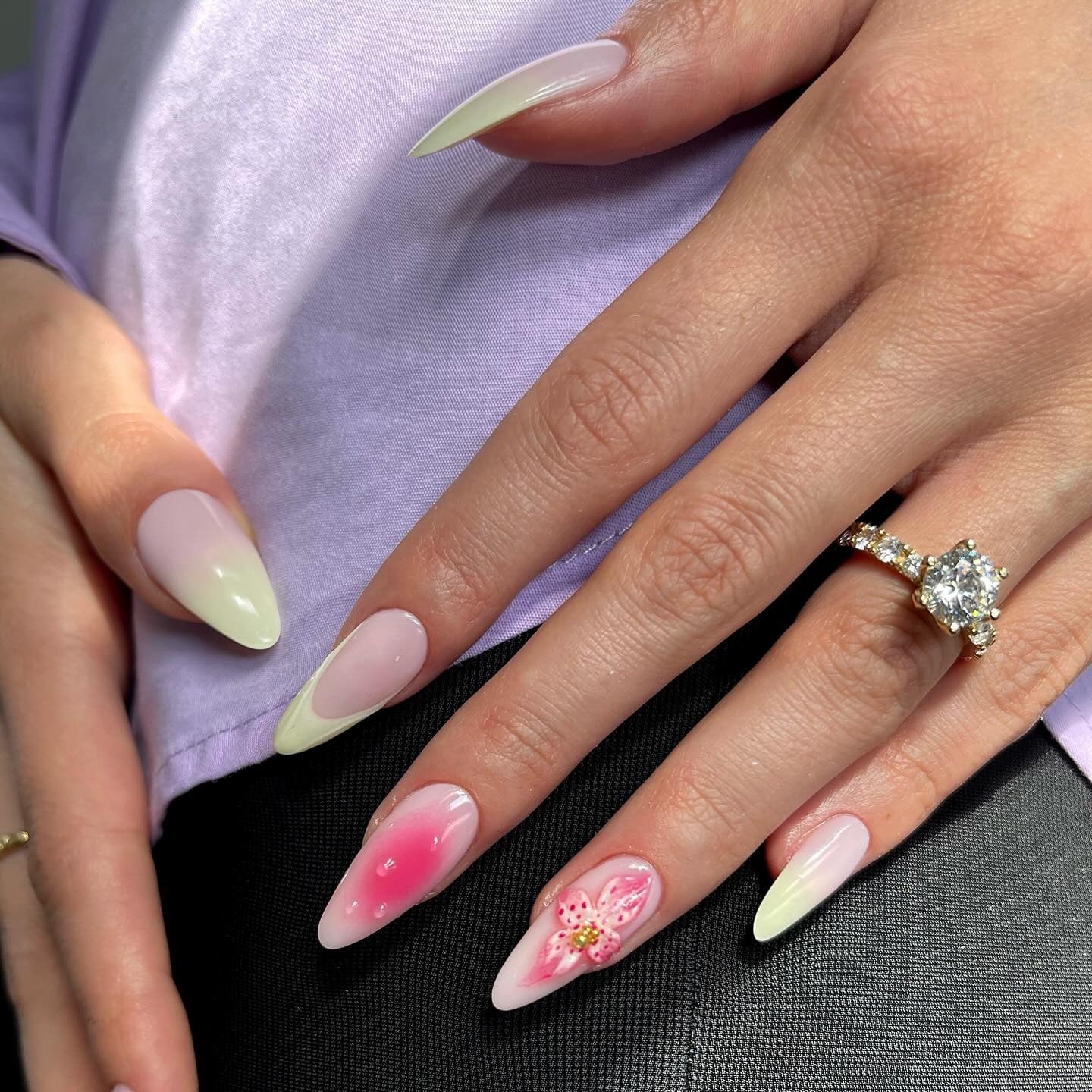 6. Floral Glow Gradient Tips (Yellow and Pink Nail Ideas)