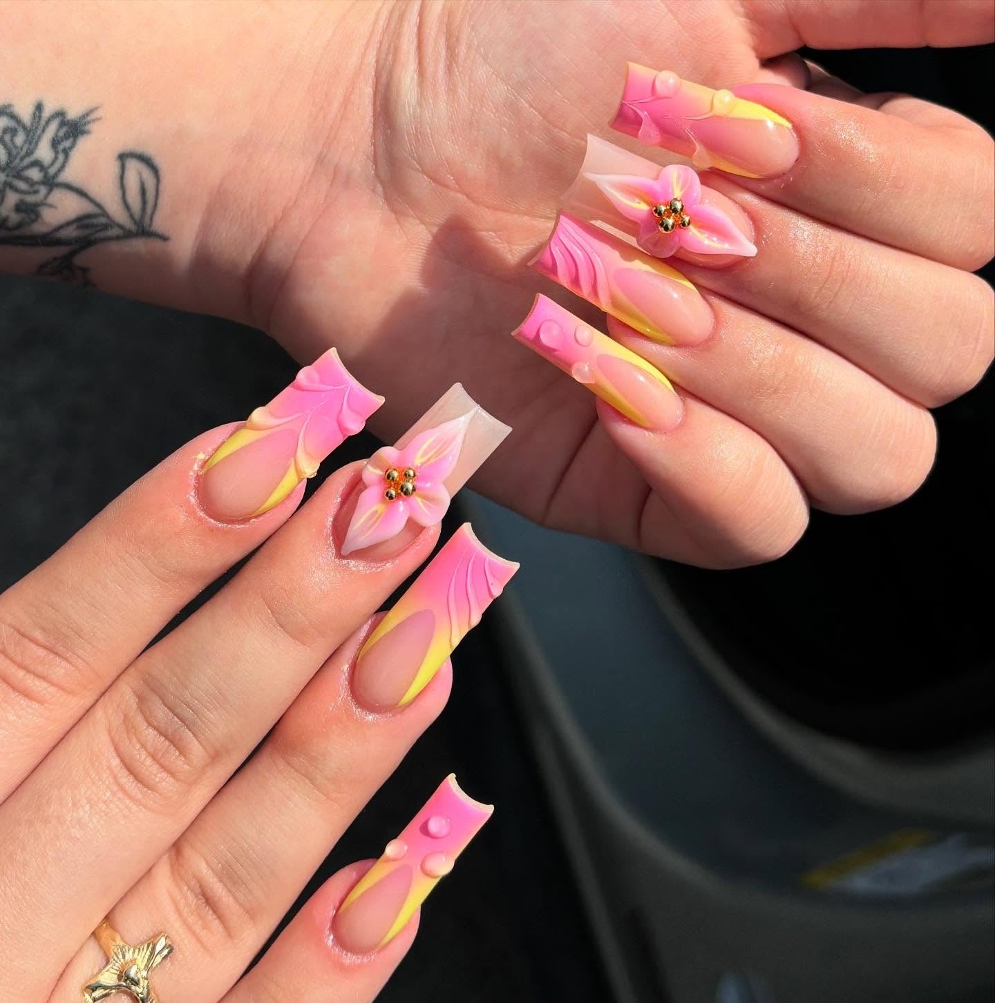 9. 3D Citrus Fantasy Coffin Nails (Yellow and Pink Nail Ideas)
