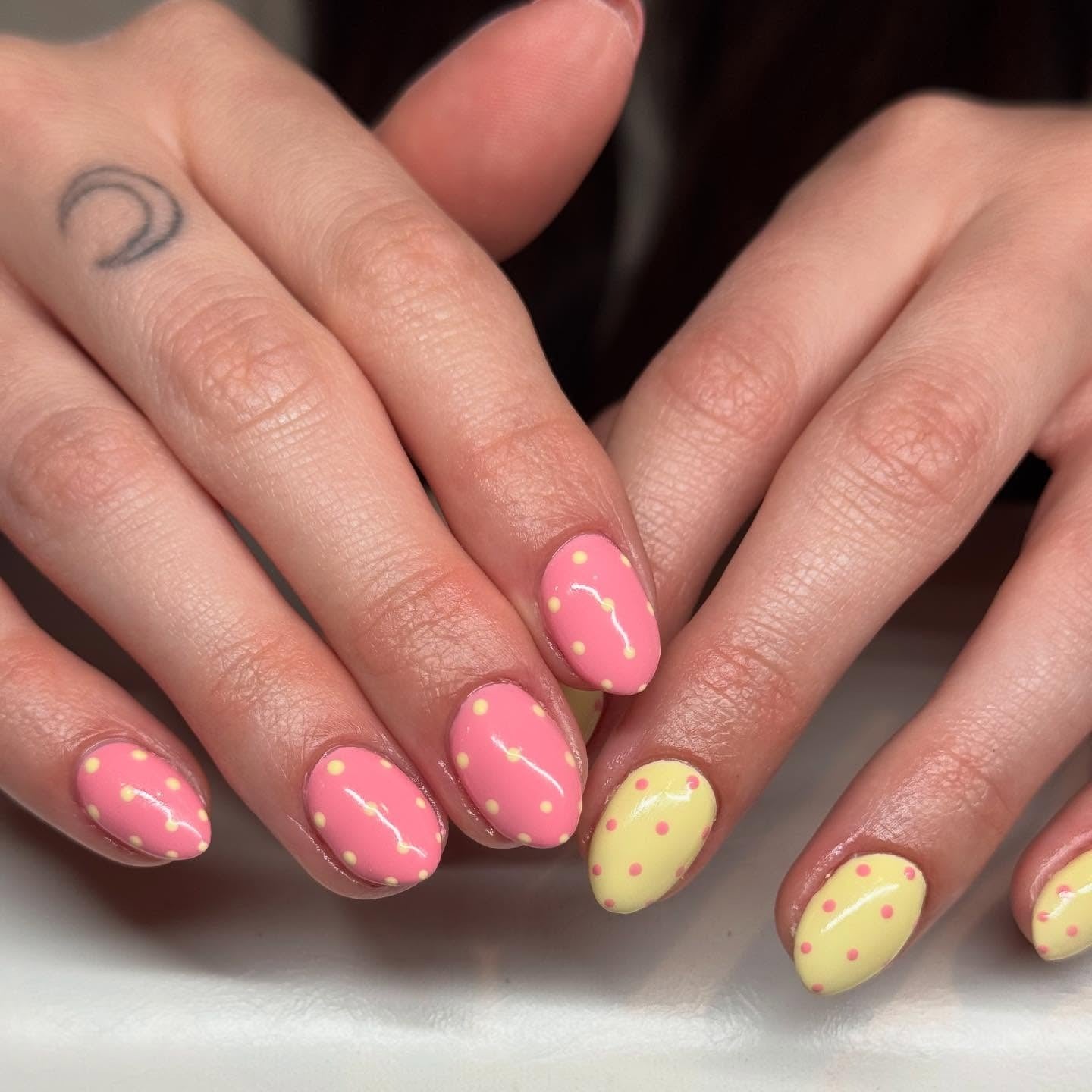 10. Playful Polka Dot Pop (Yellow and Pink Nail Ideas)