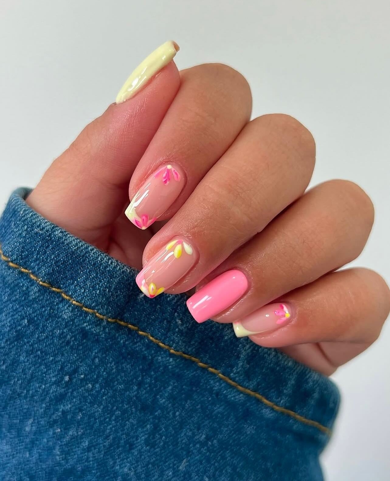 12. Micro French and Abstract Petals (Yellow and Pink Nail Ideas)