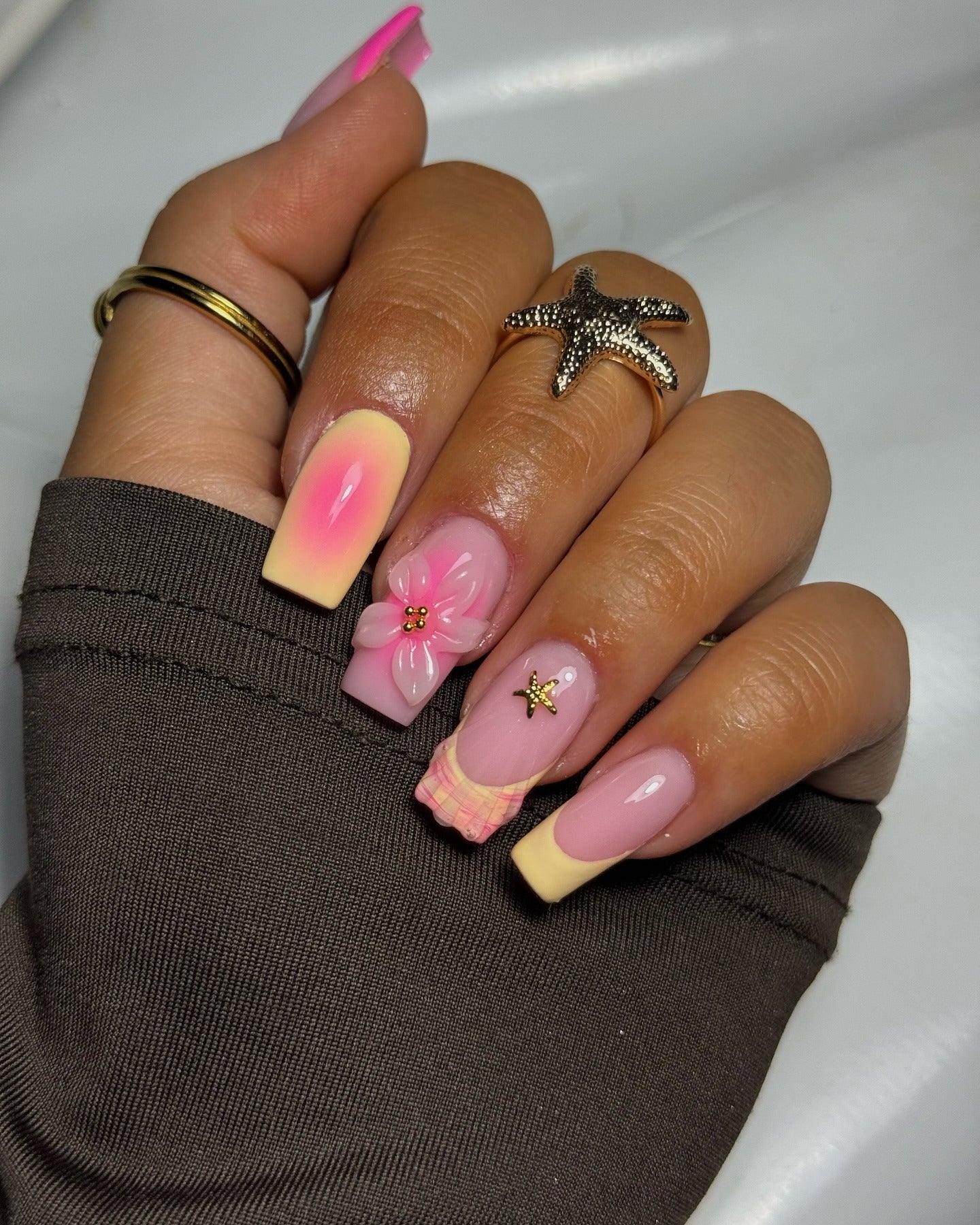 14. Sunset Ombre and Summer Details (Yellow and Pink Nail Ideas)