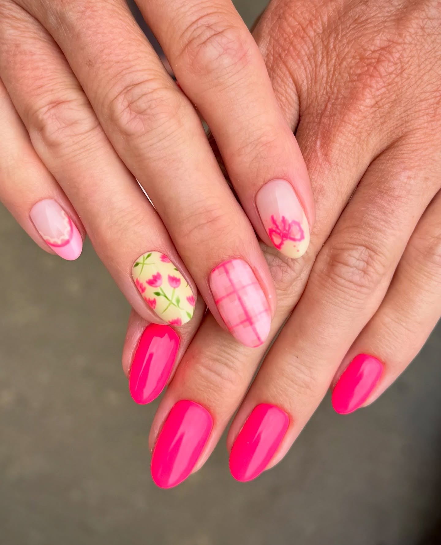 16. Tulip Garden Mix and Matte Plaid (Yellow and Pink Nail Ideas)