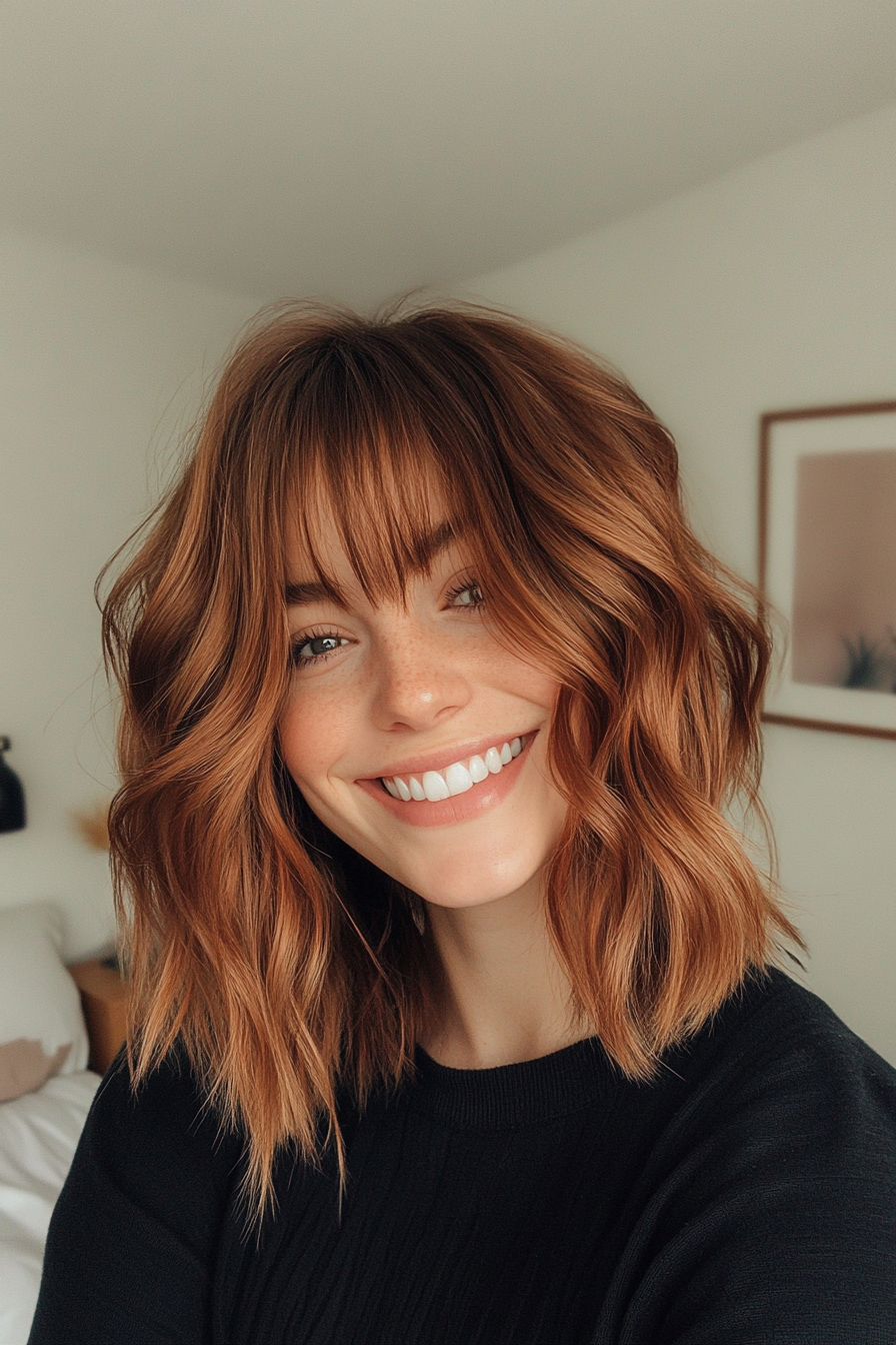 7. Choppy Lob with Curtain Bangs in Auburn (Choppy Haircuts) - Choppy Haircuts