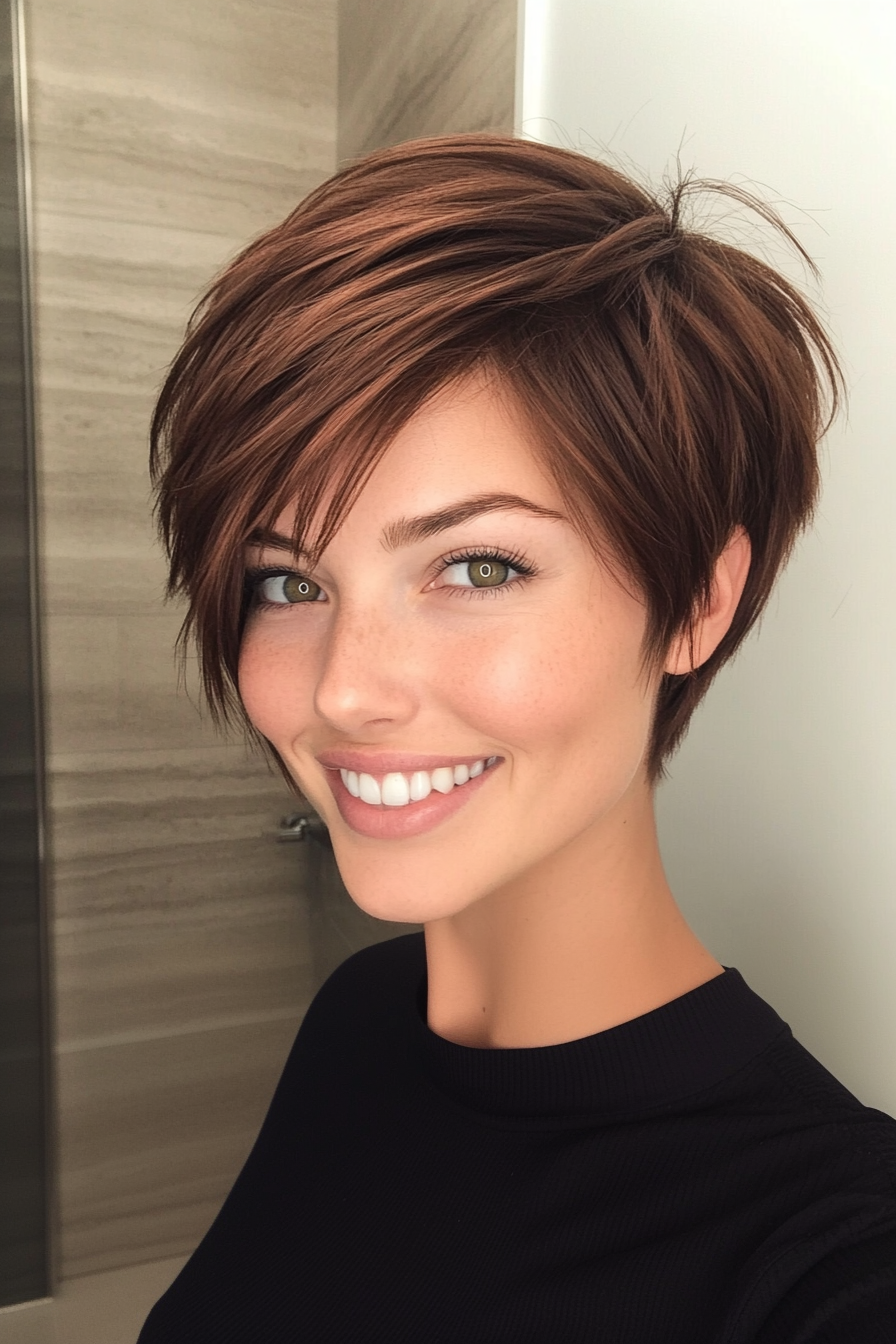13. Choppy Layered Pixie with Side Swept Bangs in Dark Auburn (Choppy Haircuts) - Choppy Haircuts