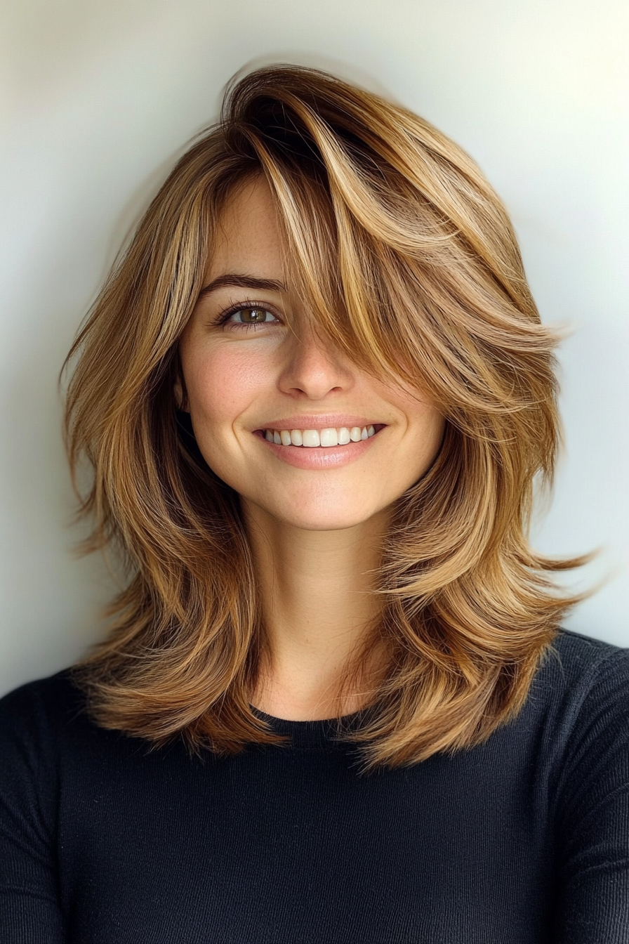 20. Medium Choppy Shag with Side Bangs in Honey Brown (Choppy Haircuts) - Choppy Haircuts