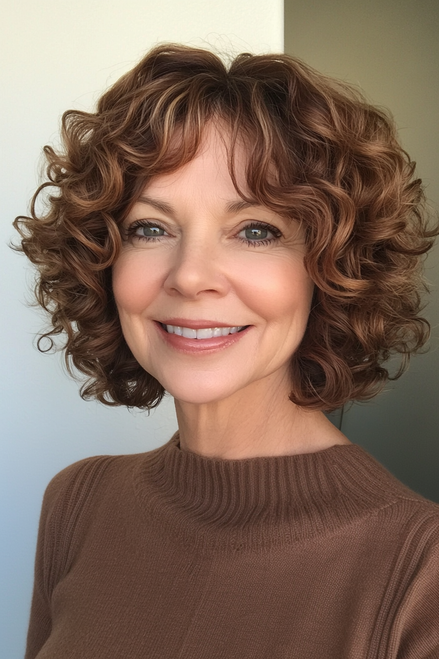 2. Chestnut Curly Bob (Curly Haircuts For Women Over 50) - Curly Haircuts For Women Over 50