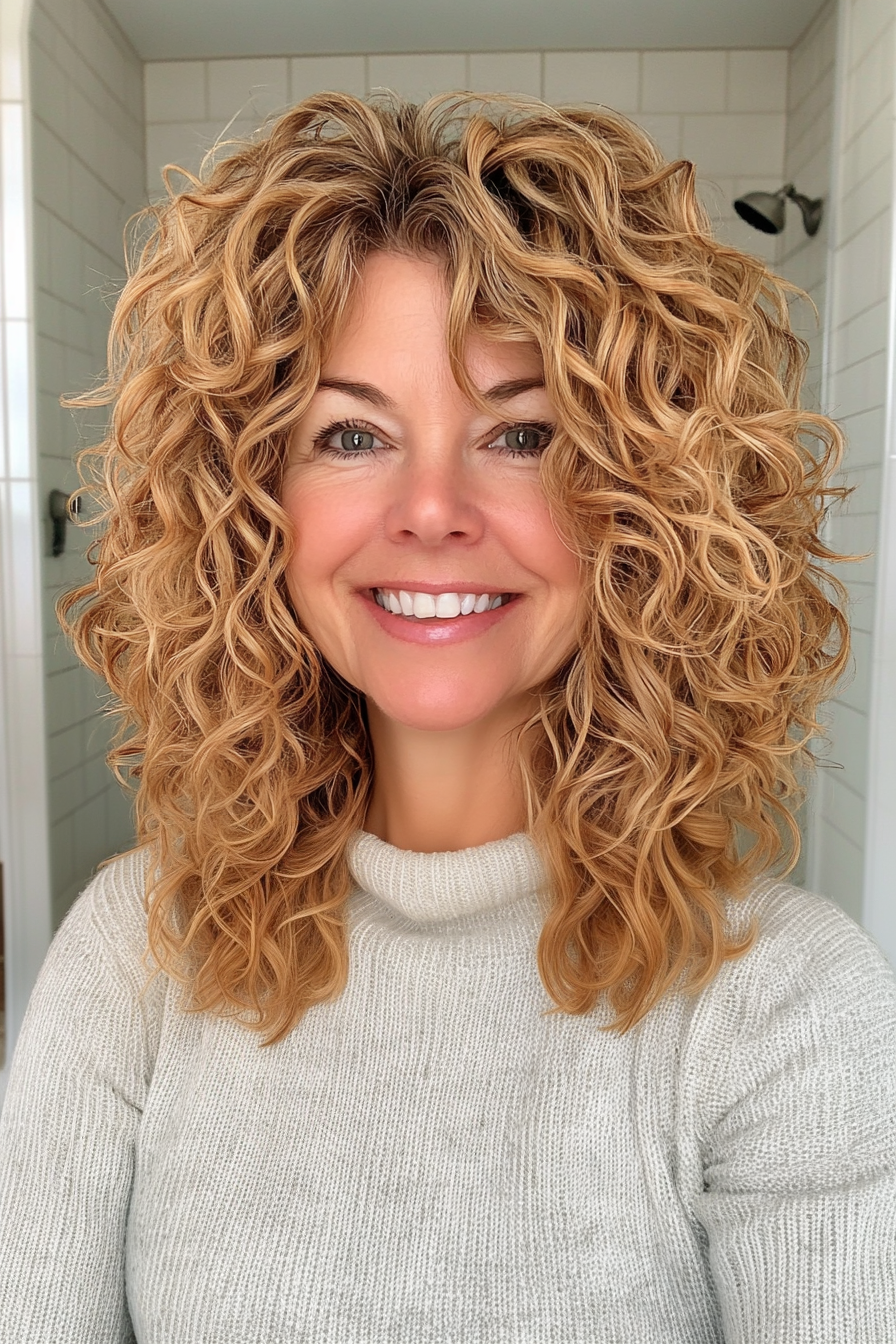 3. Golden Blonde Shag (Curly Haircuts For Women Over 50) - Curly Haircuts For Women Over 50