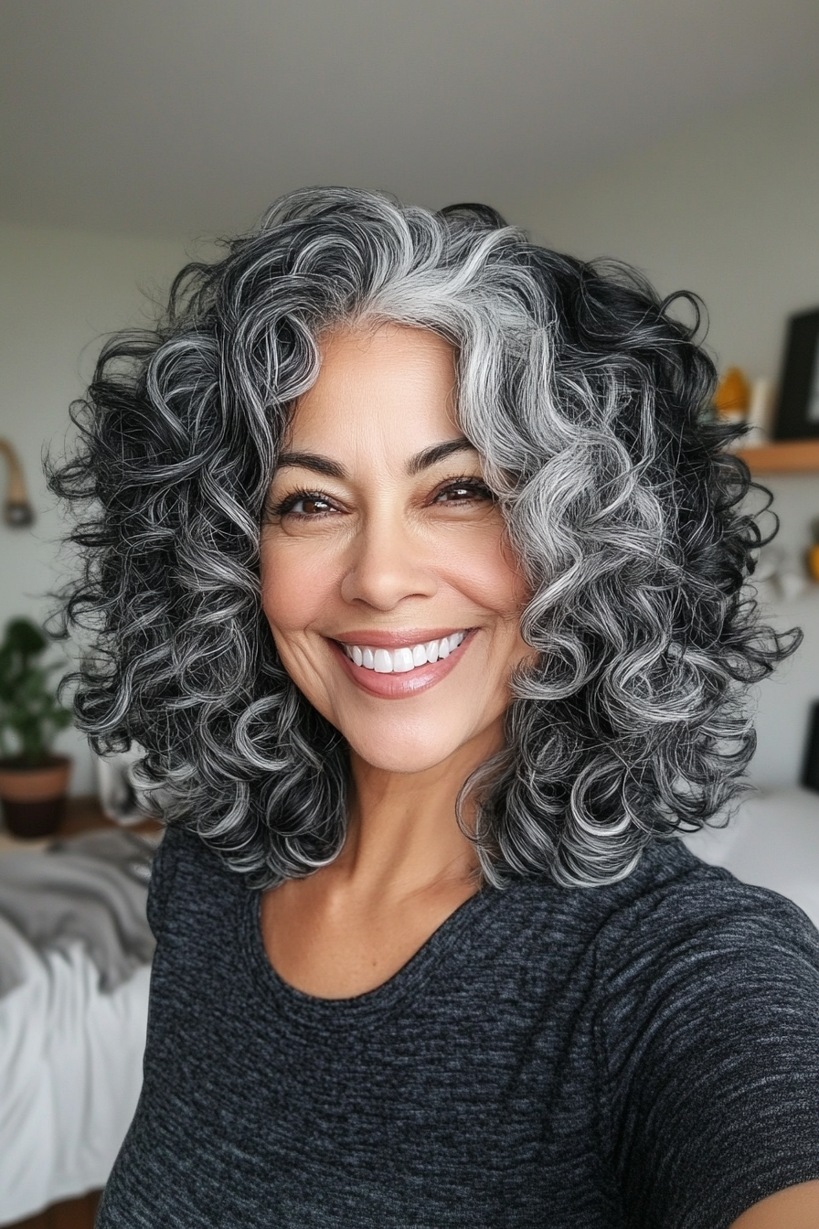 7. Salt-and-Pepper Layered Bob (Curly Haircuts For Women Over 50) - Curly Haircuts For Women Over 50