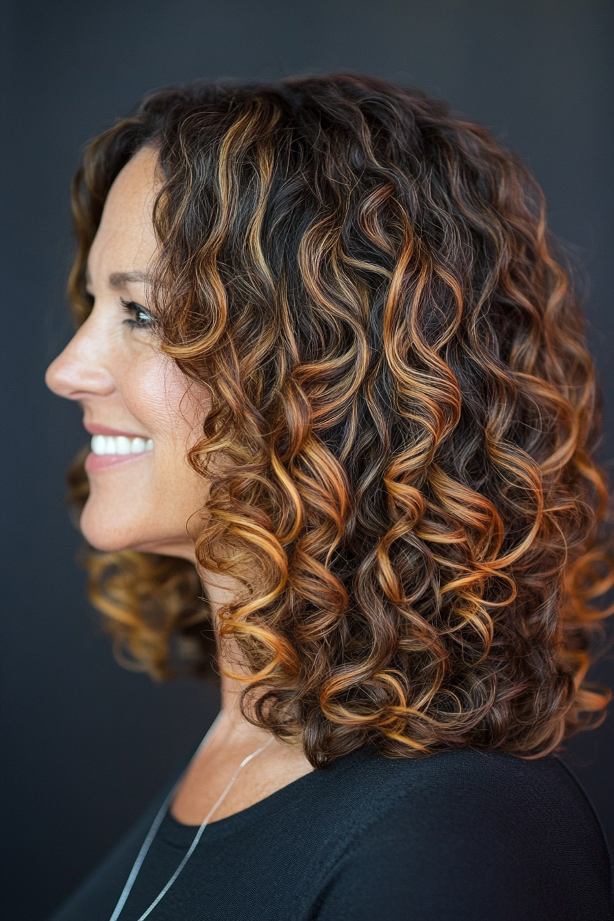 10. Caramel Highlighted Curls (Curly Haircuts For Women Over 50) - Curly Haircuts For Women Over 50