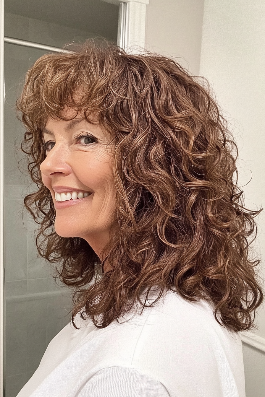 11. Mocha Brown Curly Shag (Curly Haircuts For Women Over 50) - Curly Haircuts For Women Over 50