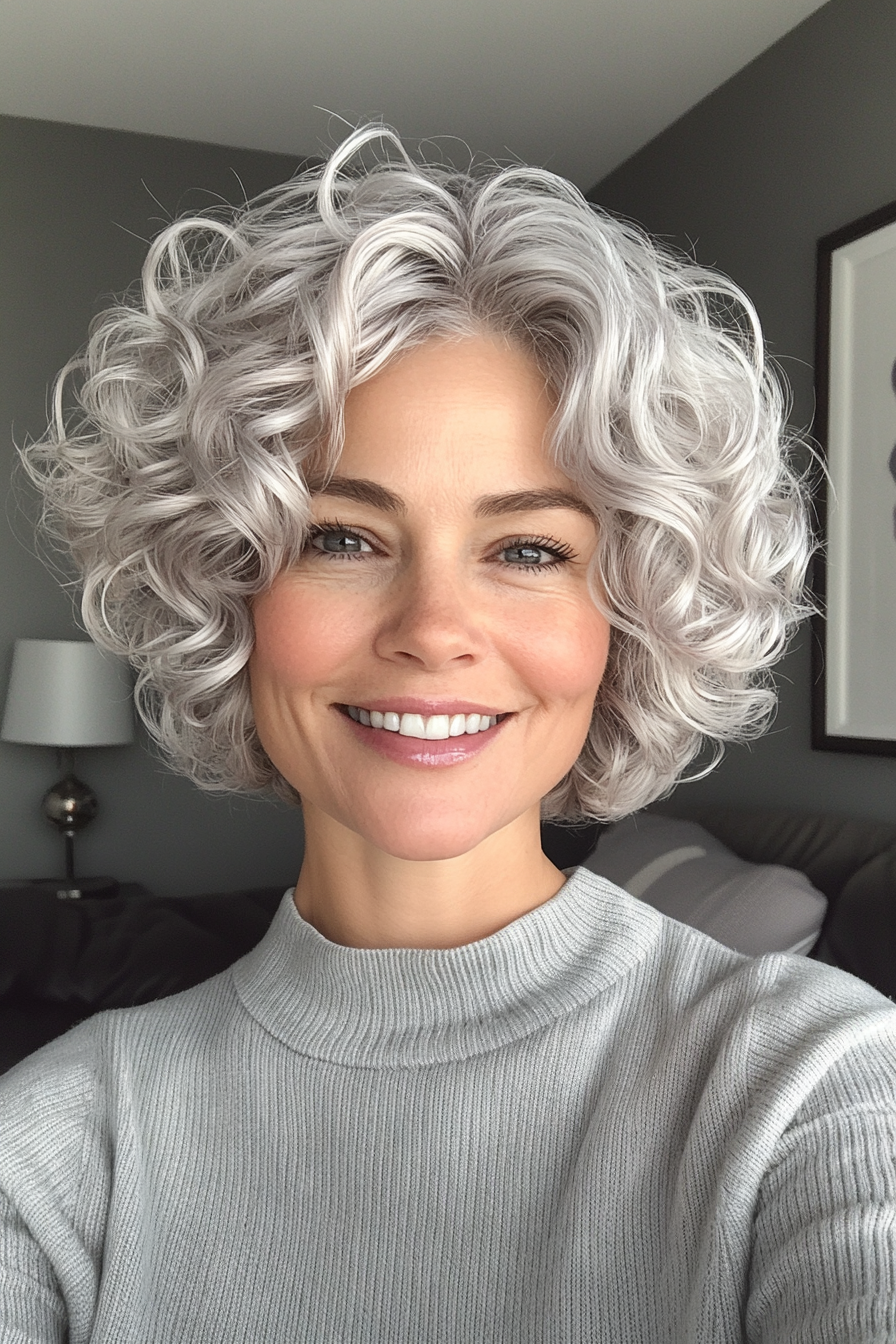 12. Platinum Curly Pixie (Curly Haircuts For Women Over 50) - Curly Haircuts For Women Over 50
