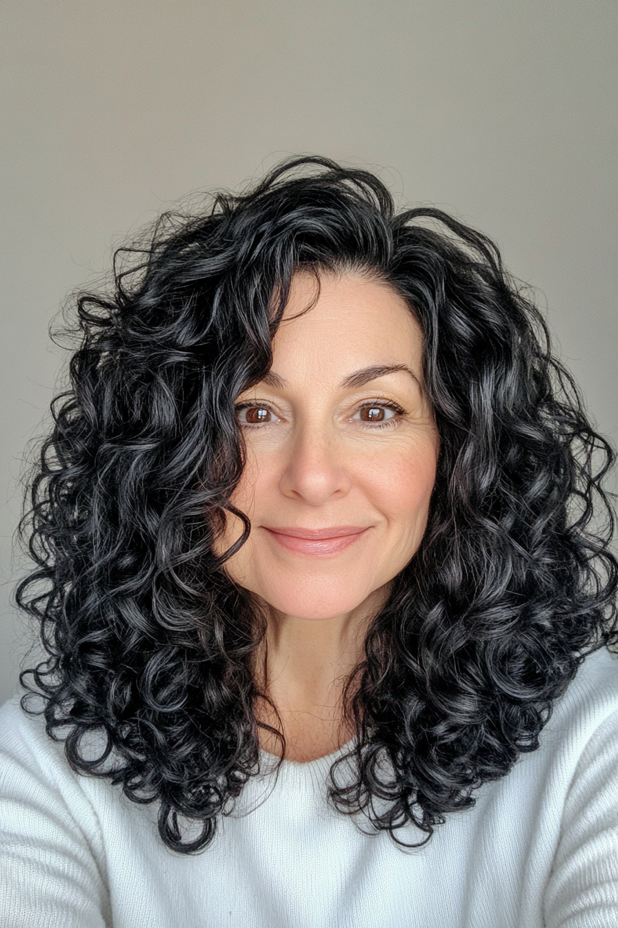 16. Jet Black Defined Curls (Curly Haircuts For Women Over 50) - Curly Haircuts For Women Over 50