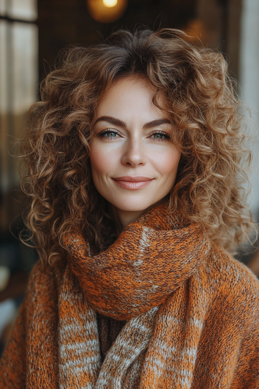 17. Warm Brown Voluminous Curls (Curly Haircuts For Women Over 50) - Curly Haircuts For Women Over 50