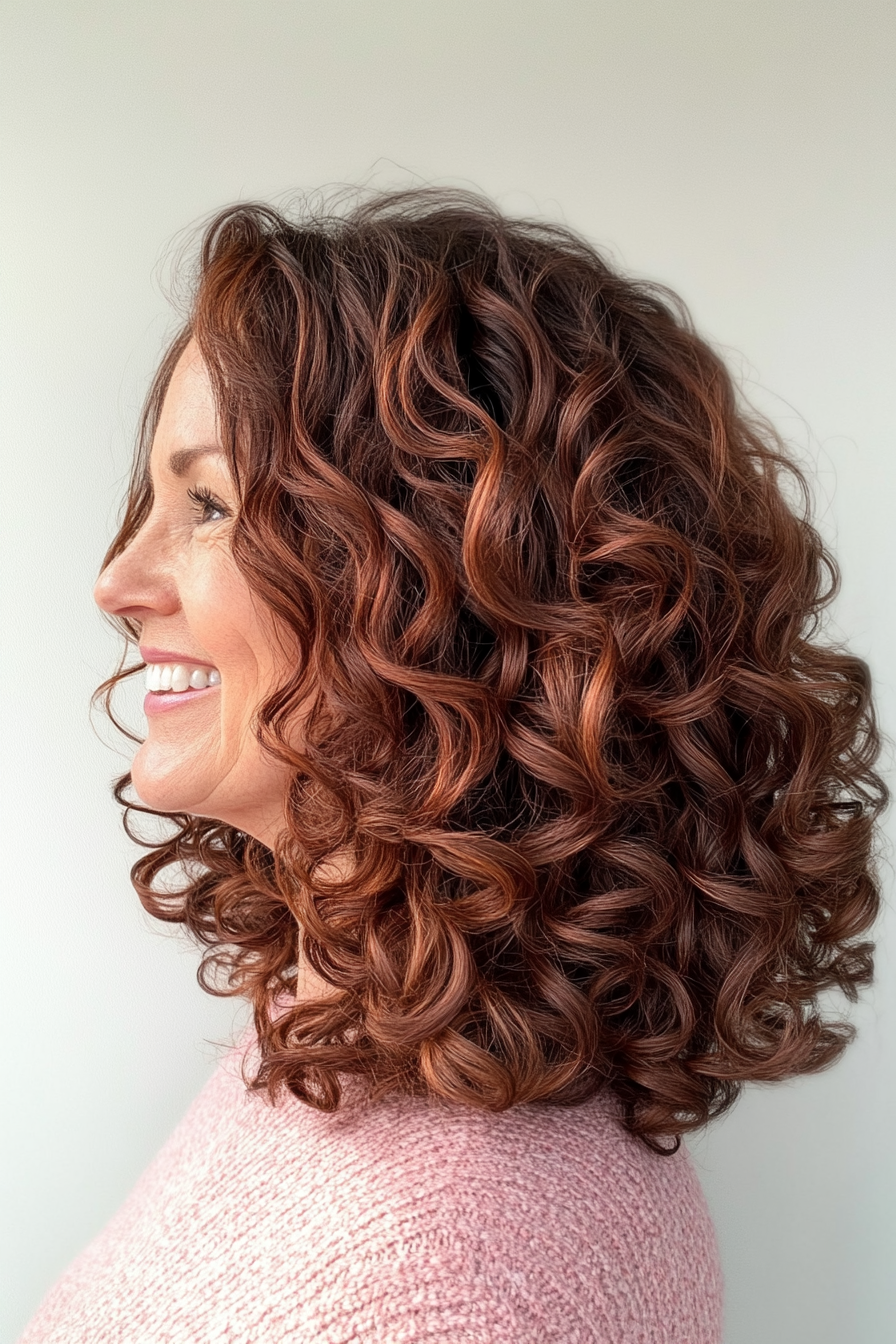 19. Dark Auburn Curly Layers (Curly Haircuts For Women Over 50) - Curly Haircuts For Women Over 50