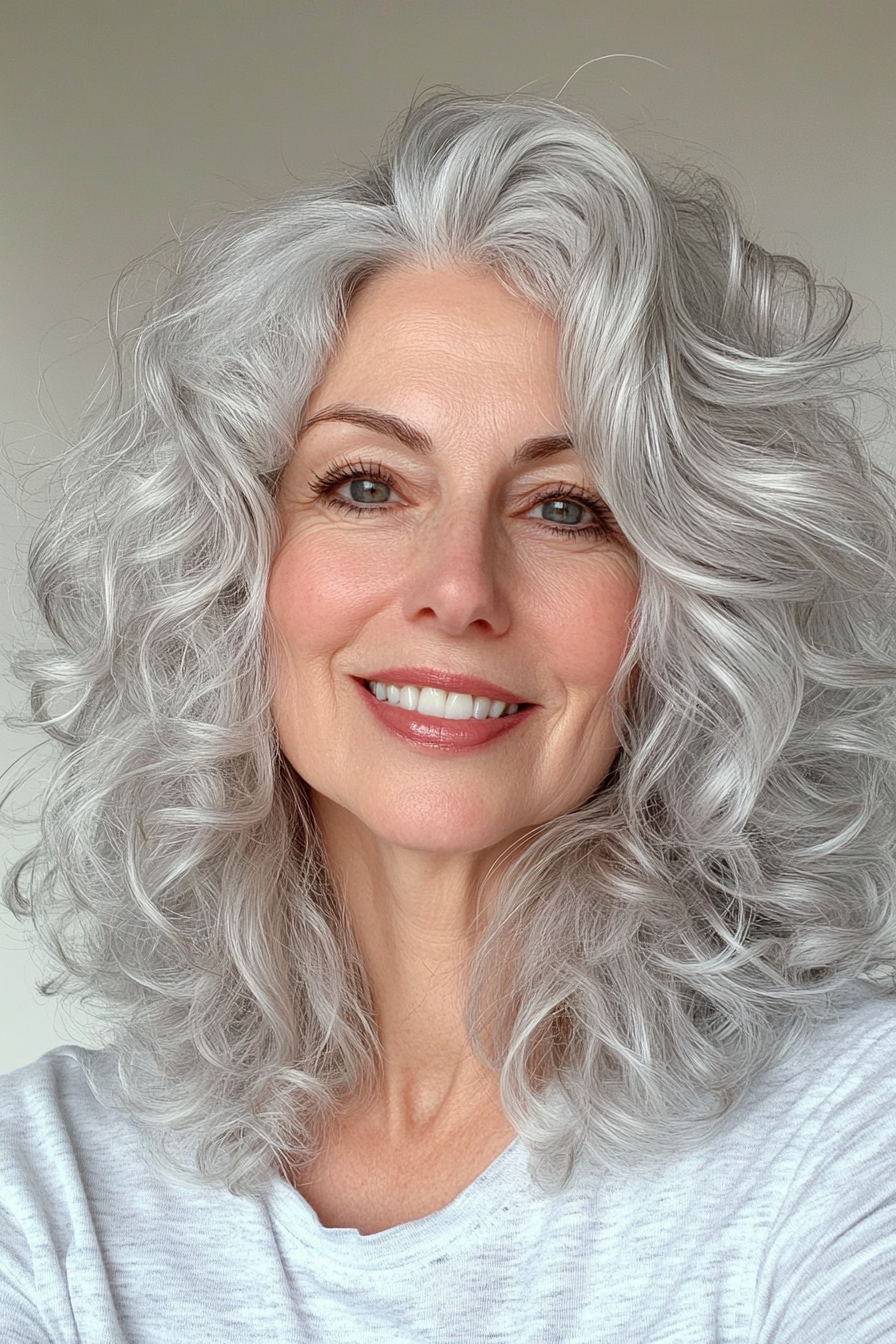 2. Silver Feathered Layers (Haircut For Curly Hair For Women Over 50) - Haircut For Curly Hair For Women Over 50