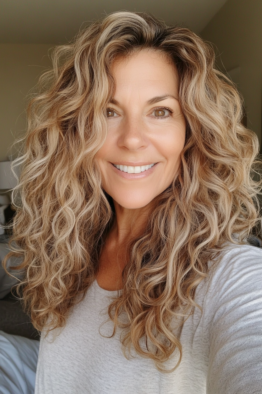 4. Honey Blonde Layered Lob (Haircut For Curly Hair For Women Over 50) - Haircut For Curly Hair For Women Over 50