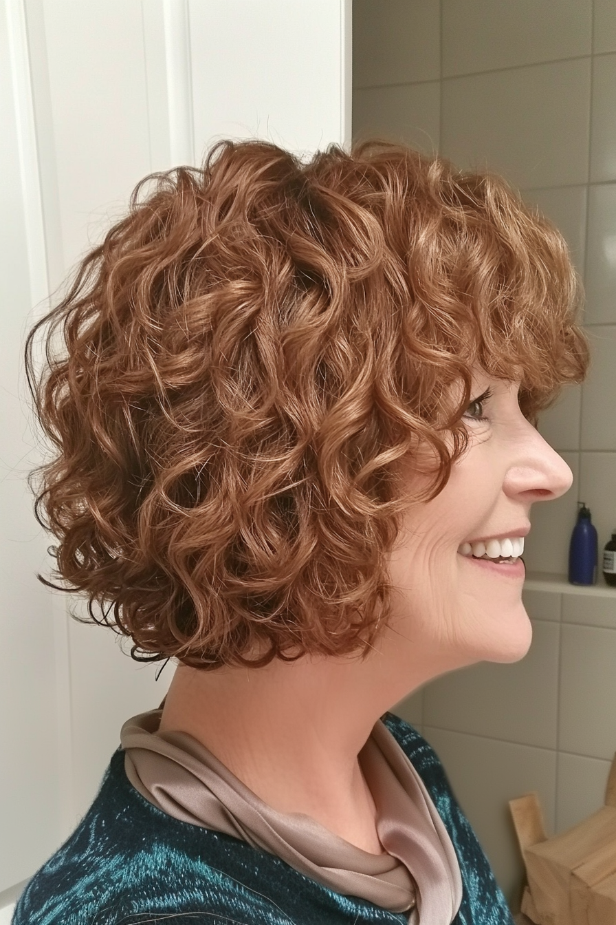 7. Chestnut Curly Bob with Bangs (Haircut For Curly Hair For Women Over 50) - Haircut For Curly Hair For Women Over 50