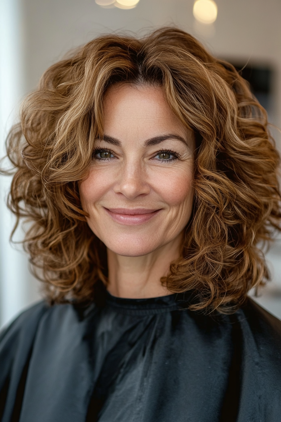 9. Golden Brown Shoulder-Length Curls (Haircut For Curly Hair For Women Over 50) - Haircut For Curly Hair For Women Over 50