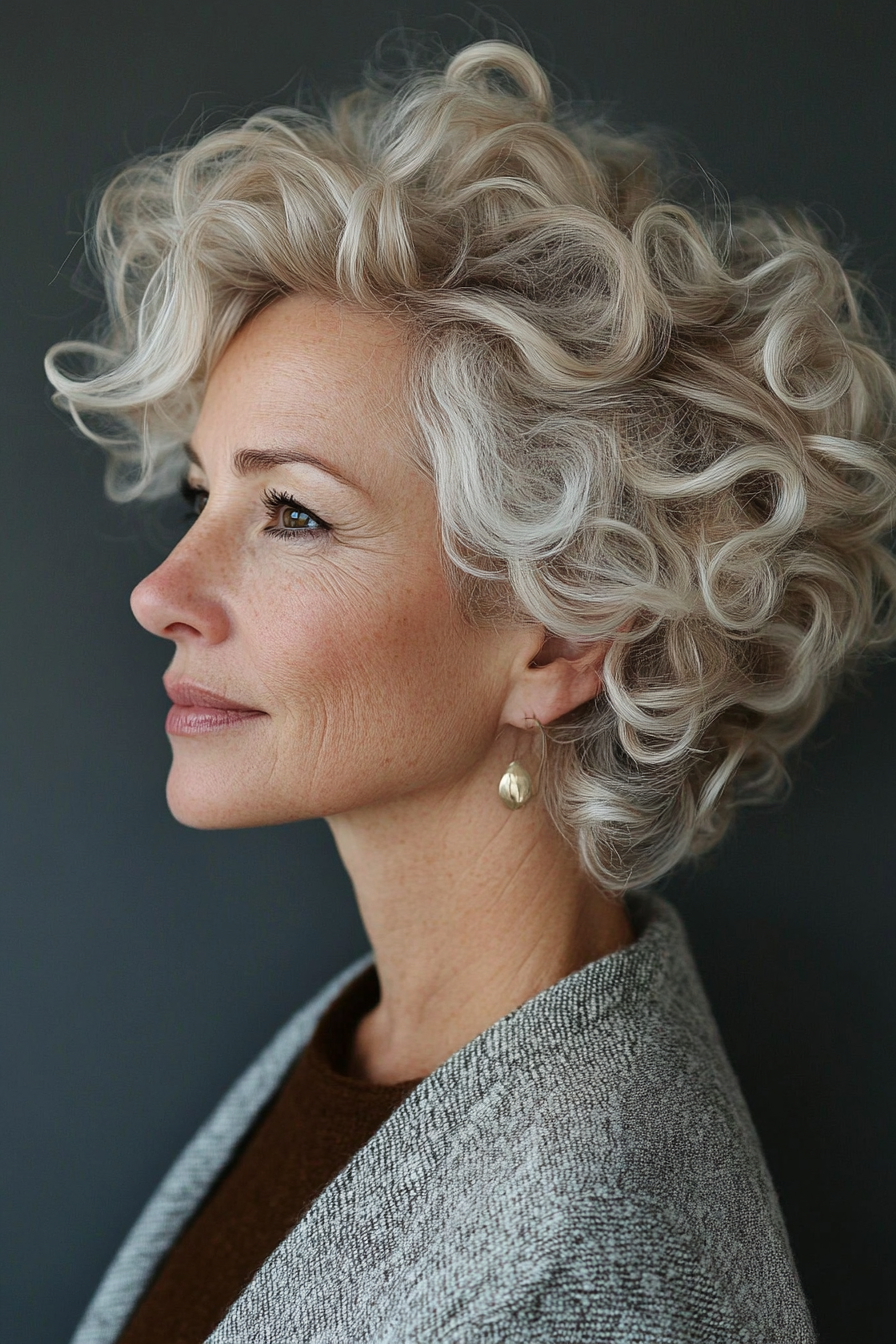 14. Ash Blonde Voluminous Crop (Haircut For Curly Hair For Women Over 50) - Haircut For Curly Hair For Women Over 50