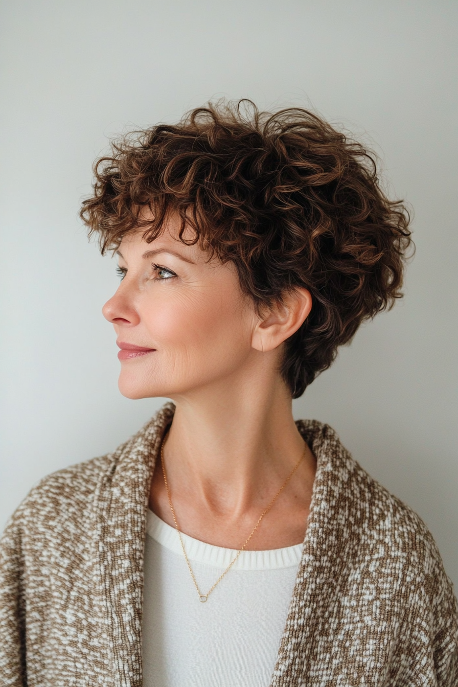 17. Natural Brunette Textured Pixie (Haircut For Curly Hair For Women Over 50) - Haircut For Curly Hair For Women Over 50