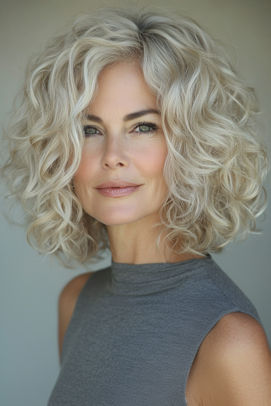 18. Champagne Blonde Curly Bob (Haircut For Curly Hair For Women Over 50) - Haircut For Curly Hair For Women Over 50