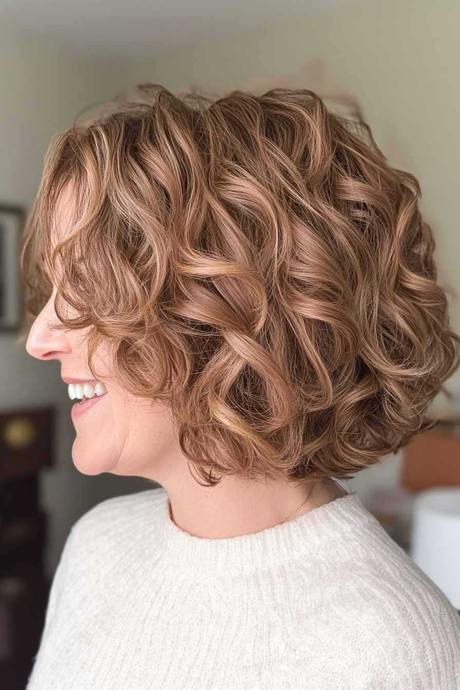21. Light Chestnut Chin-Length Curly Bob (Haircut For Curly Hair For Women Over 50) - Haircut For Curly Hair For Women Over 50