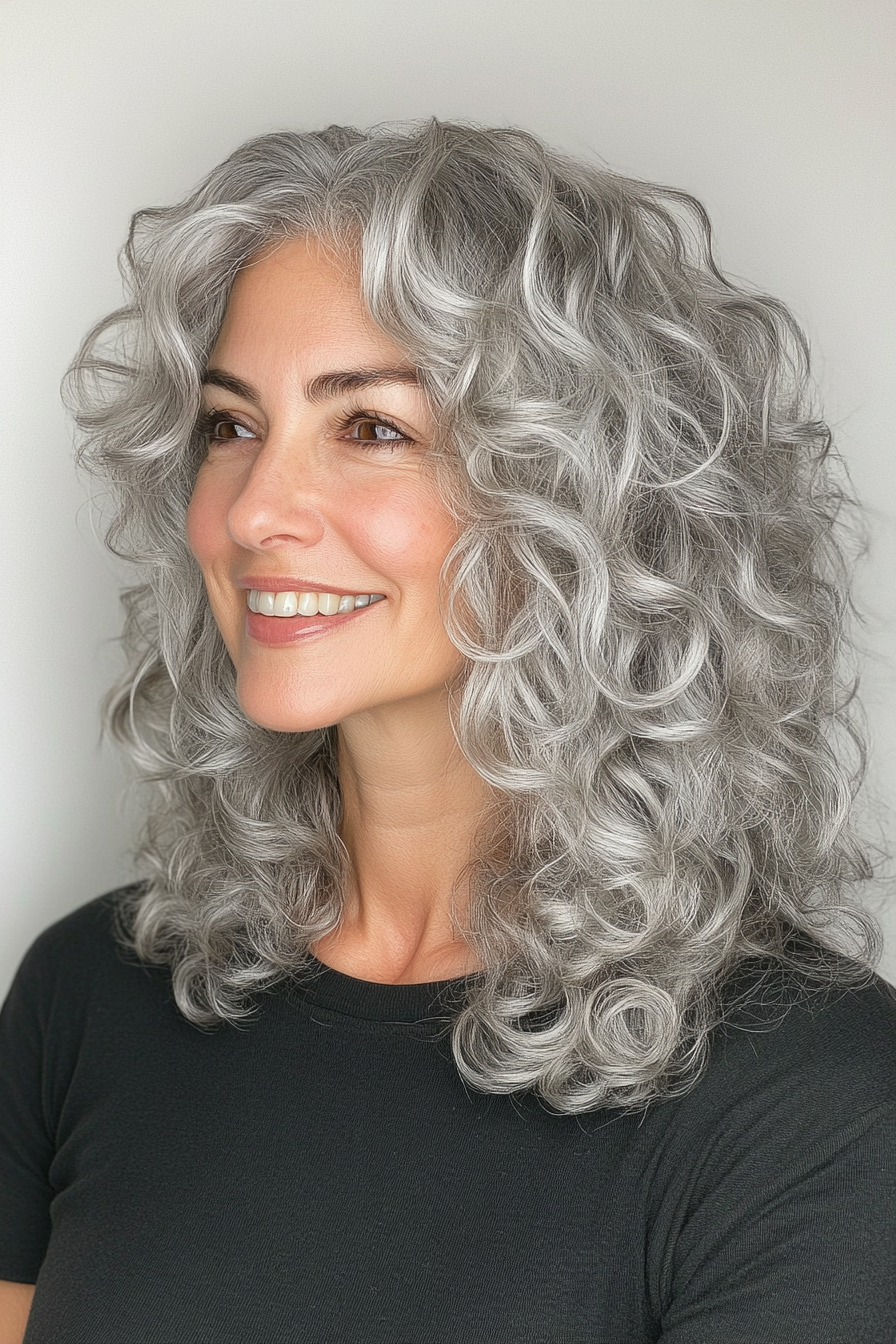 22. Silver Ash Shoulder Curls with Curtain Bangs (Haircut For Curly Hair For Women Over 50) - Haircut For Curly Hair For Women Over 50