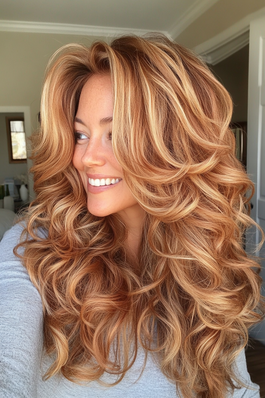 24. Caramel Swirl Long Layers (Haircut For Curly Hair For Women Over 50) - Haircut For Curly Hair For Women Over 50