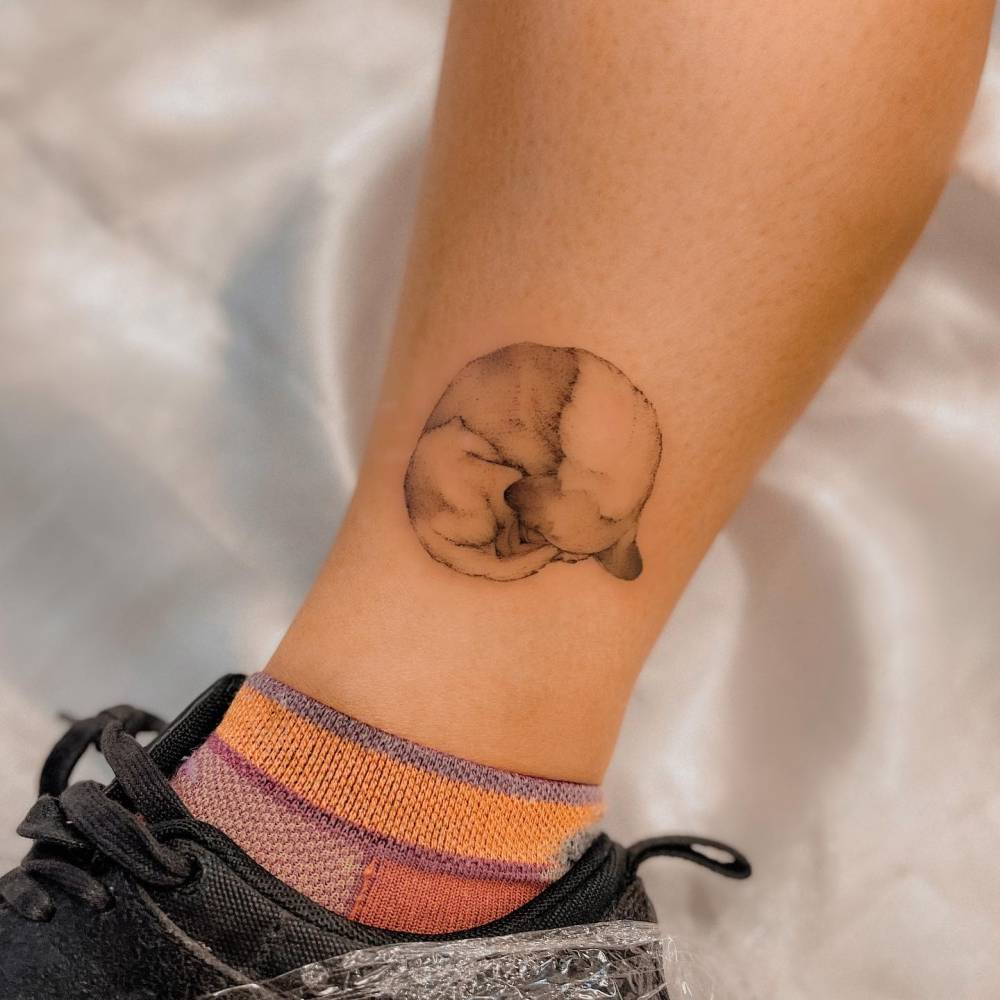 Sleeping dog tattoo located on the ankle.