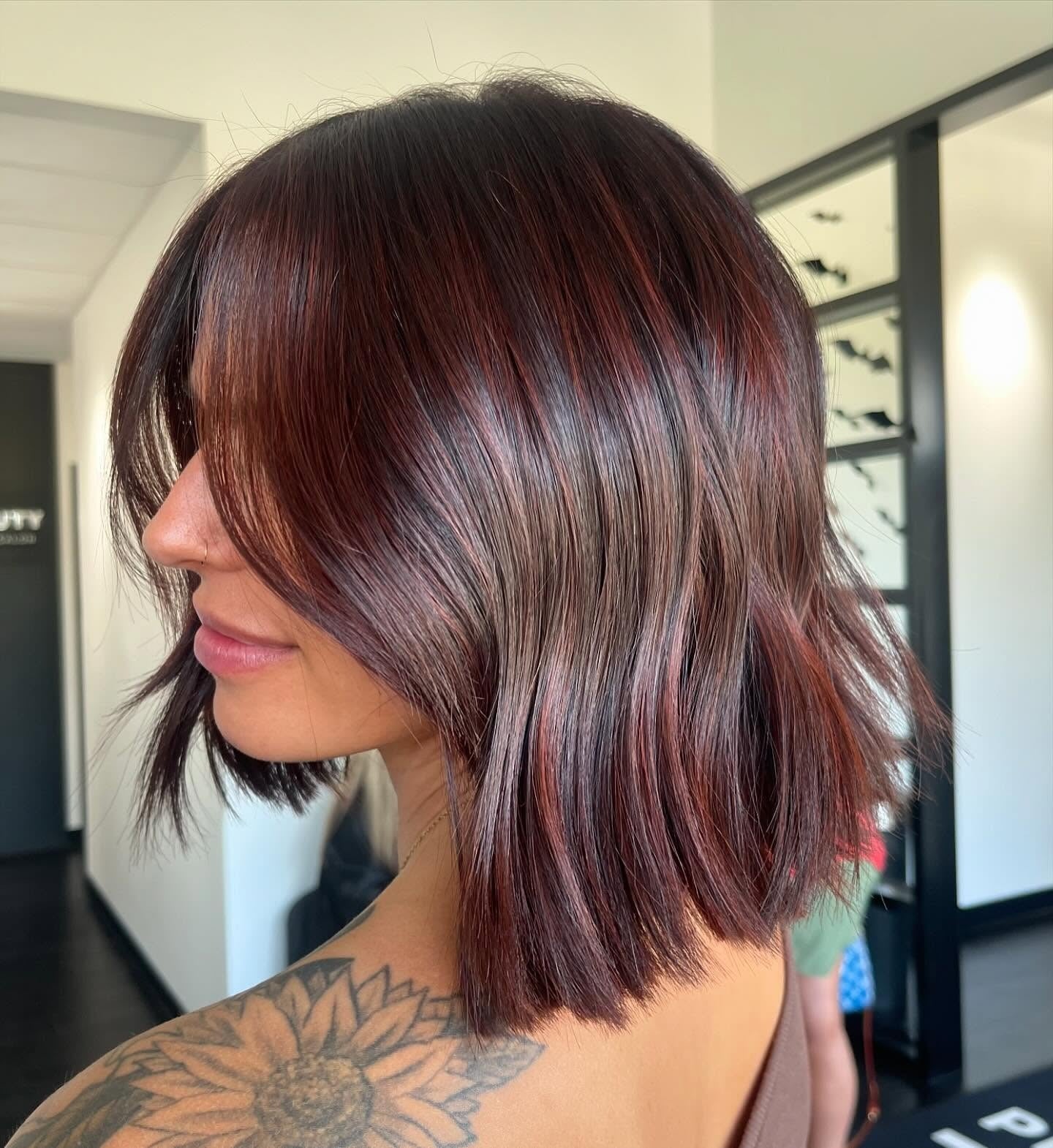 10. Blunt Textured Bob with Dimensional Cherry Cola (Cherry Cola Hair Color)