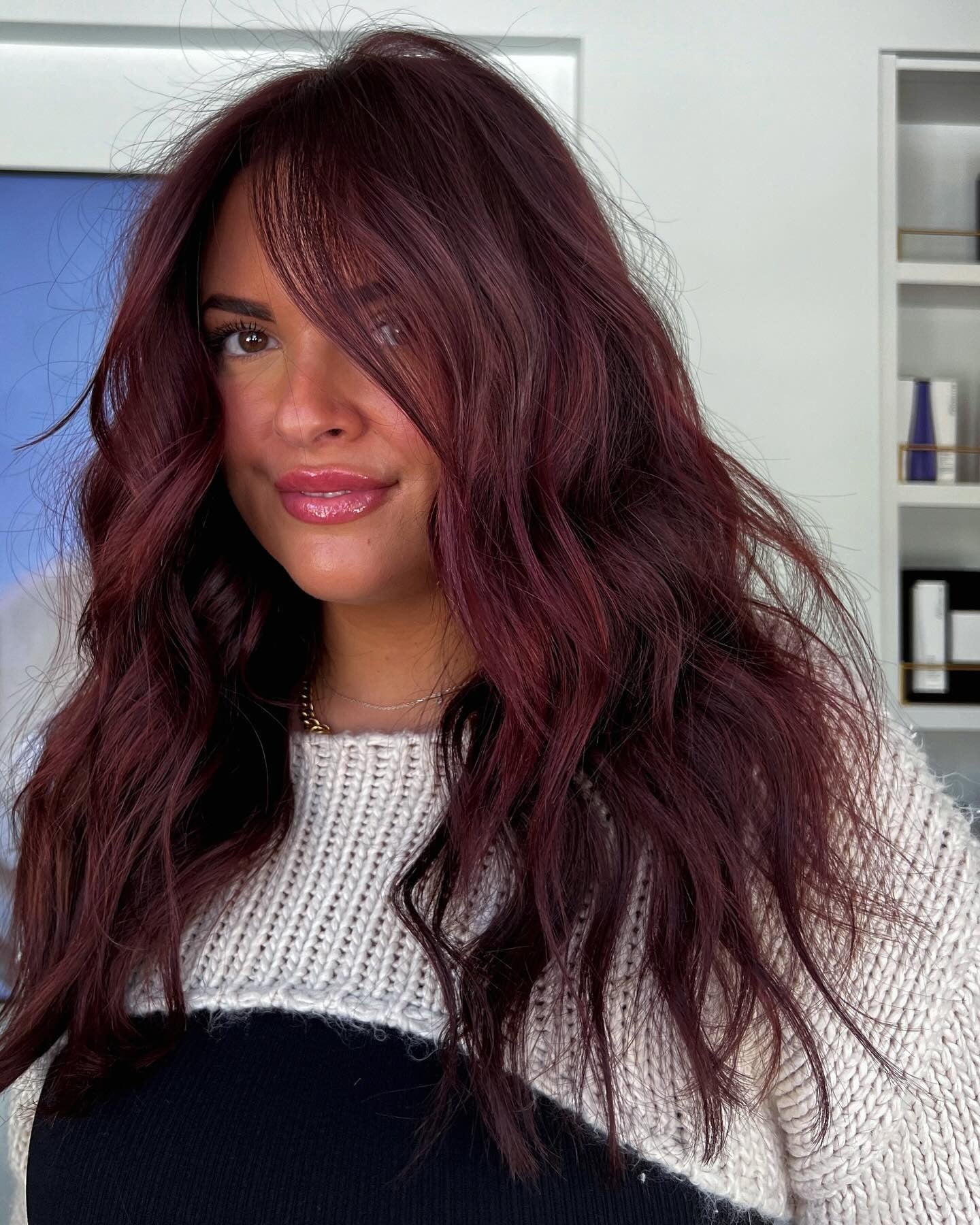 16. Textured Waves with Loose Cherry Cola Layers (Cherry Cola Hair Color)